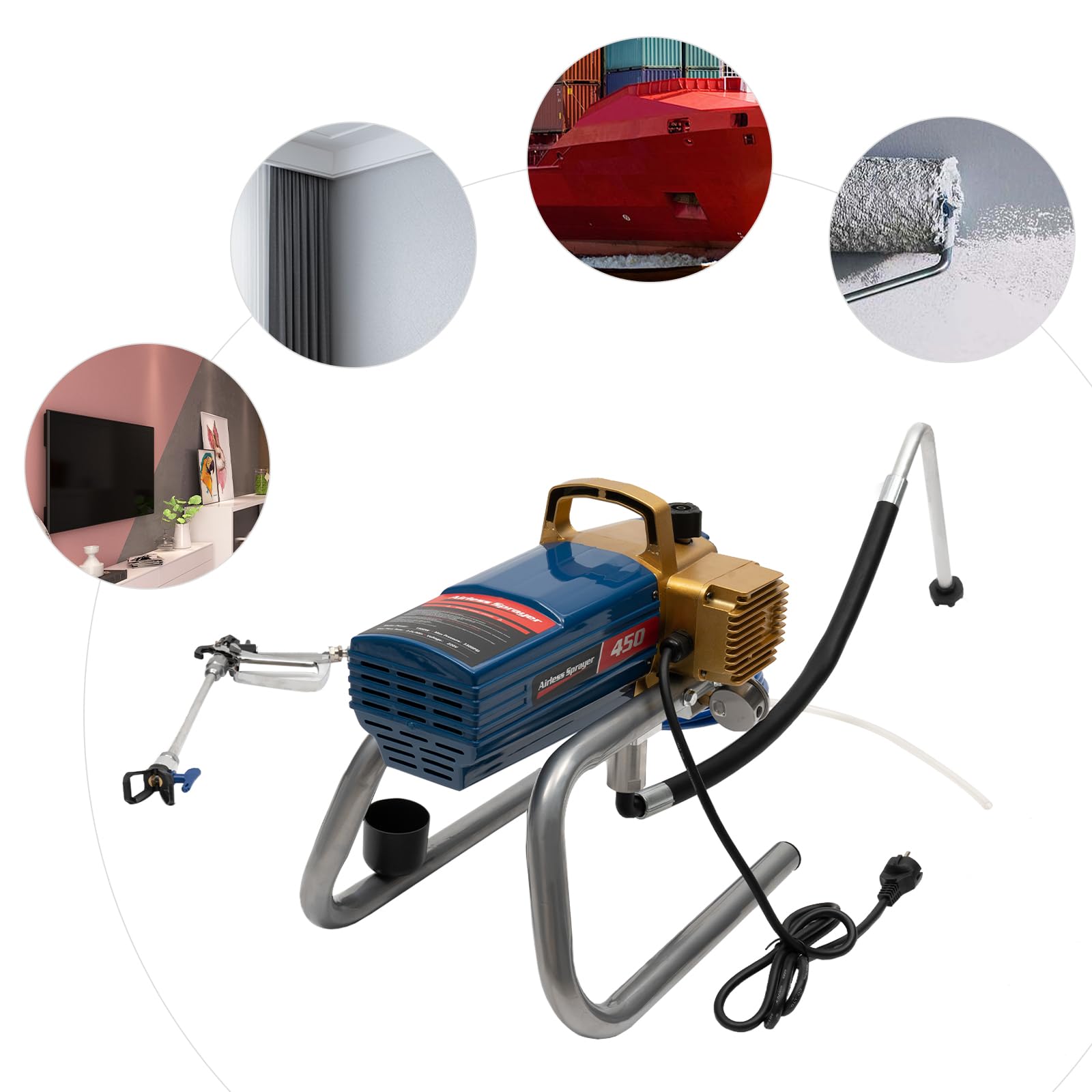 Pulverizador de pintura sin aire Pulverizador de pintura eléctrica muy eficaz con pistola y manguera de alta presión para muebles Puertas Pasamanos (oro-leu)