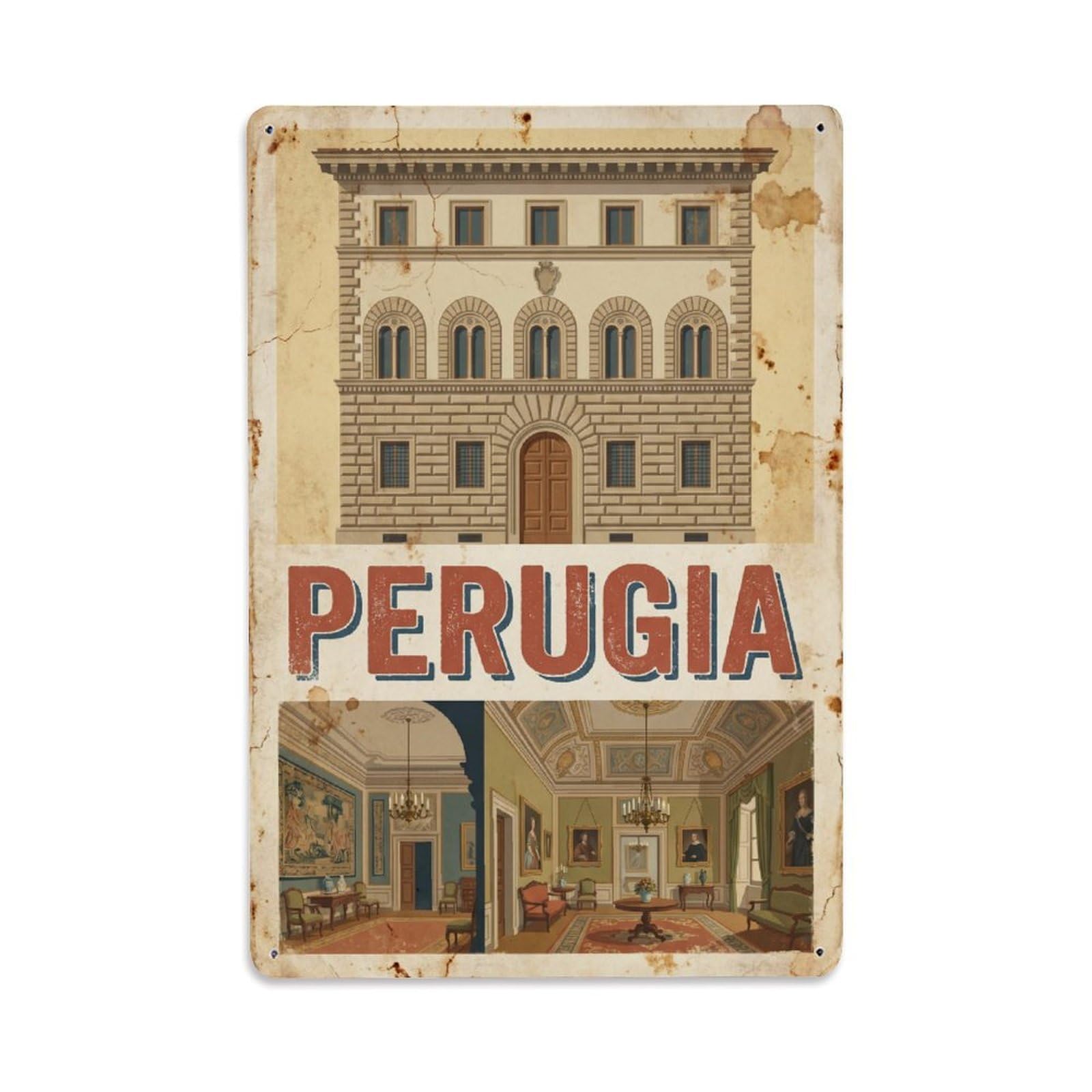 Vintage Travel Perugia Palazzo Sorbello Italy Metal Tin Sign Plaque Wall Decor for Cafe, Club Bar, Office, Home Garden Metal Poster 8x12Inch