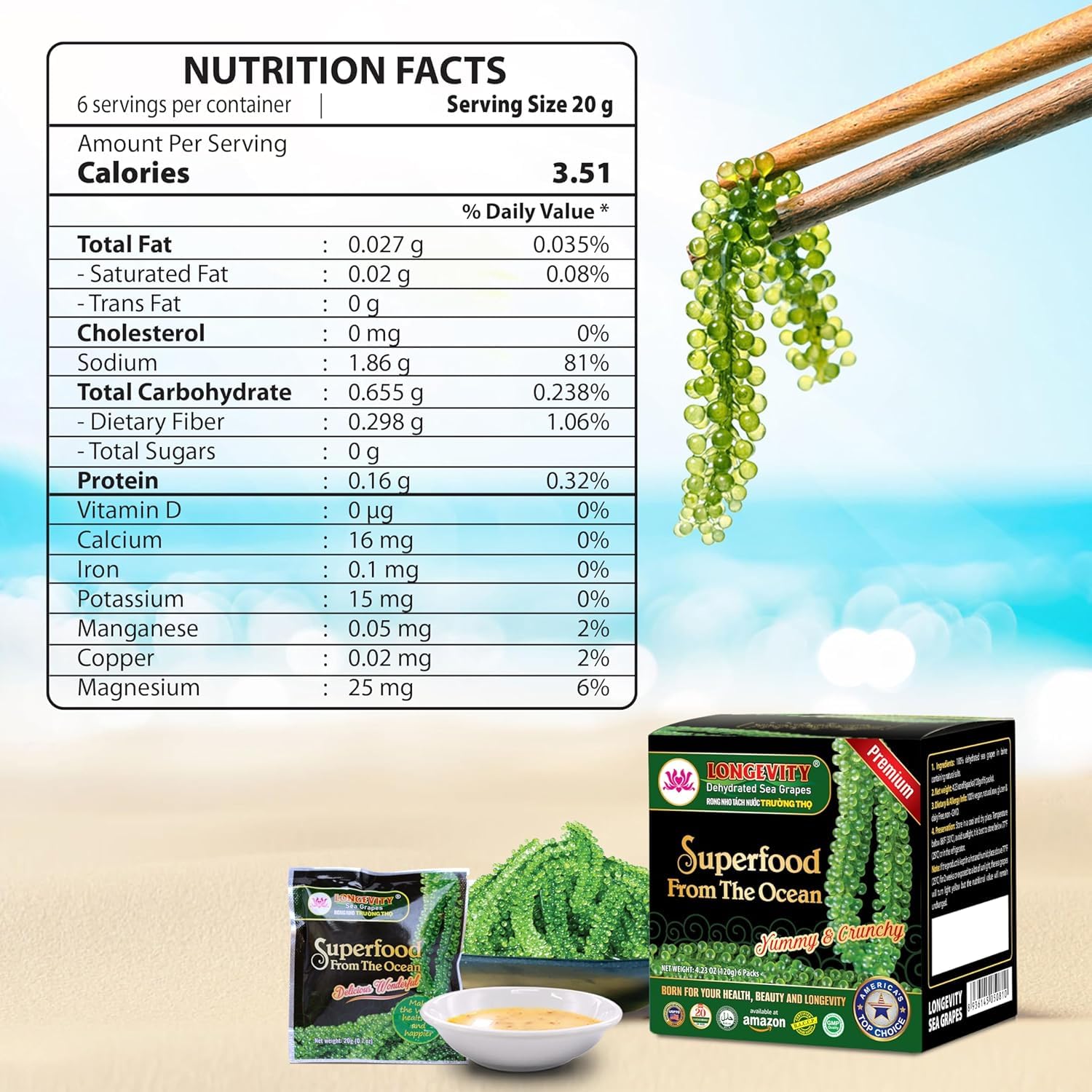 Longevity Meerestraube | Sea Grapes | Umibudo Grape Seaweed 12 x 20G | Rohkost | veganer Kaviar | für knackige Salate