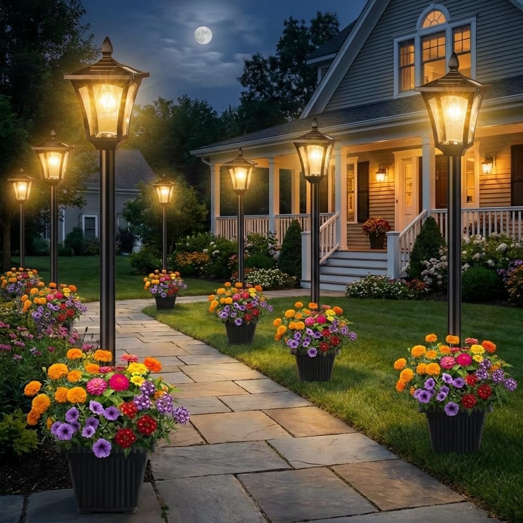 Benany 76" Solar Lamp Post Lights with Planter, Glass & Metal Street Light Outdoor Waterproof, 60 Lumens Dusk to Dawn Solar Pole Light for Garden, Yard, Driveway, Porch, Patio, Warm White