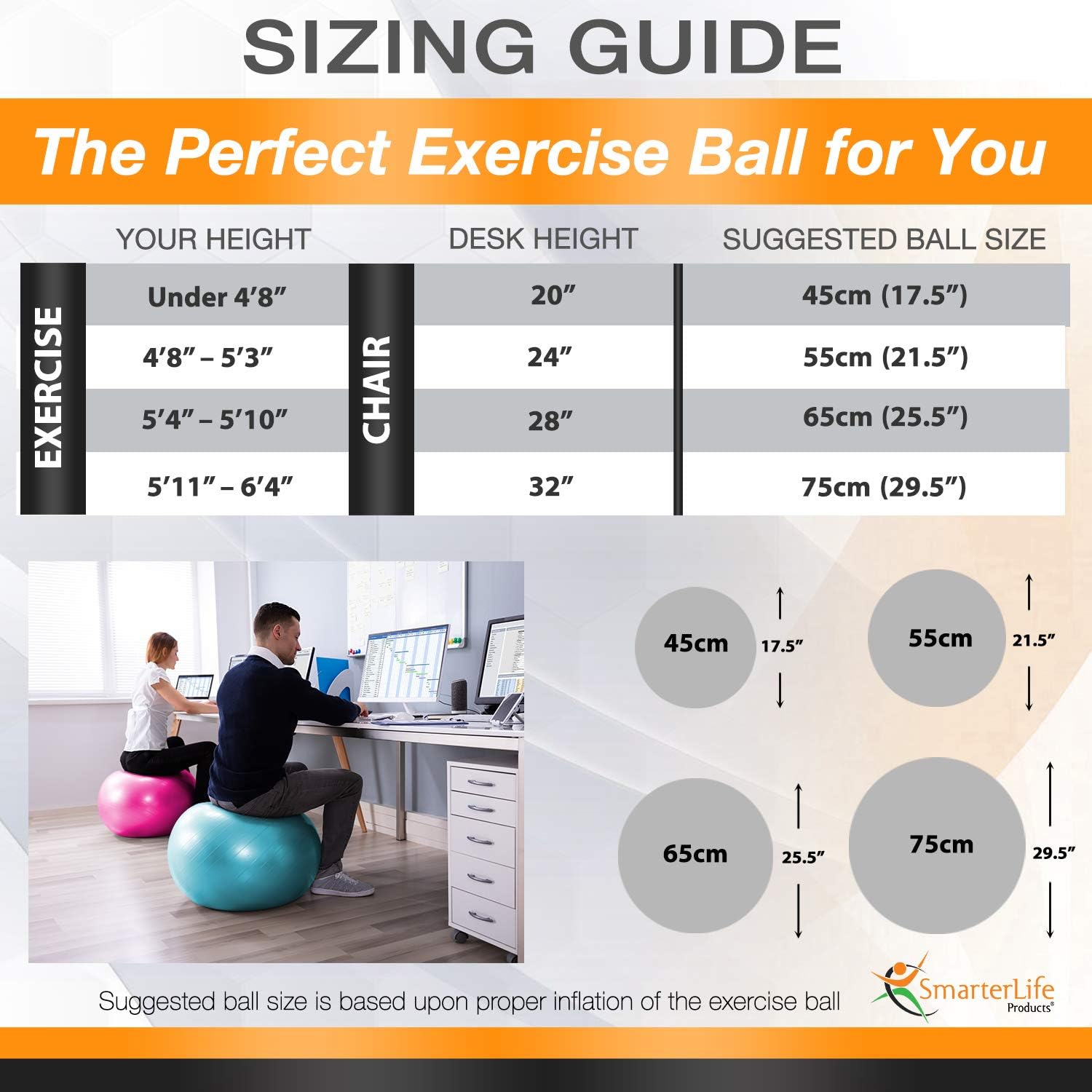 Exercise Ball for Yoga, Balance, Stability - Fitness, Pilates, Birthing, Therapy, Office Ball Chair, Flexible Seating - Anti Burst, Non Slip, PRO Workout Guide by SmarterLife : Sports & Outdoors
