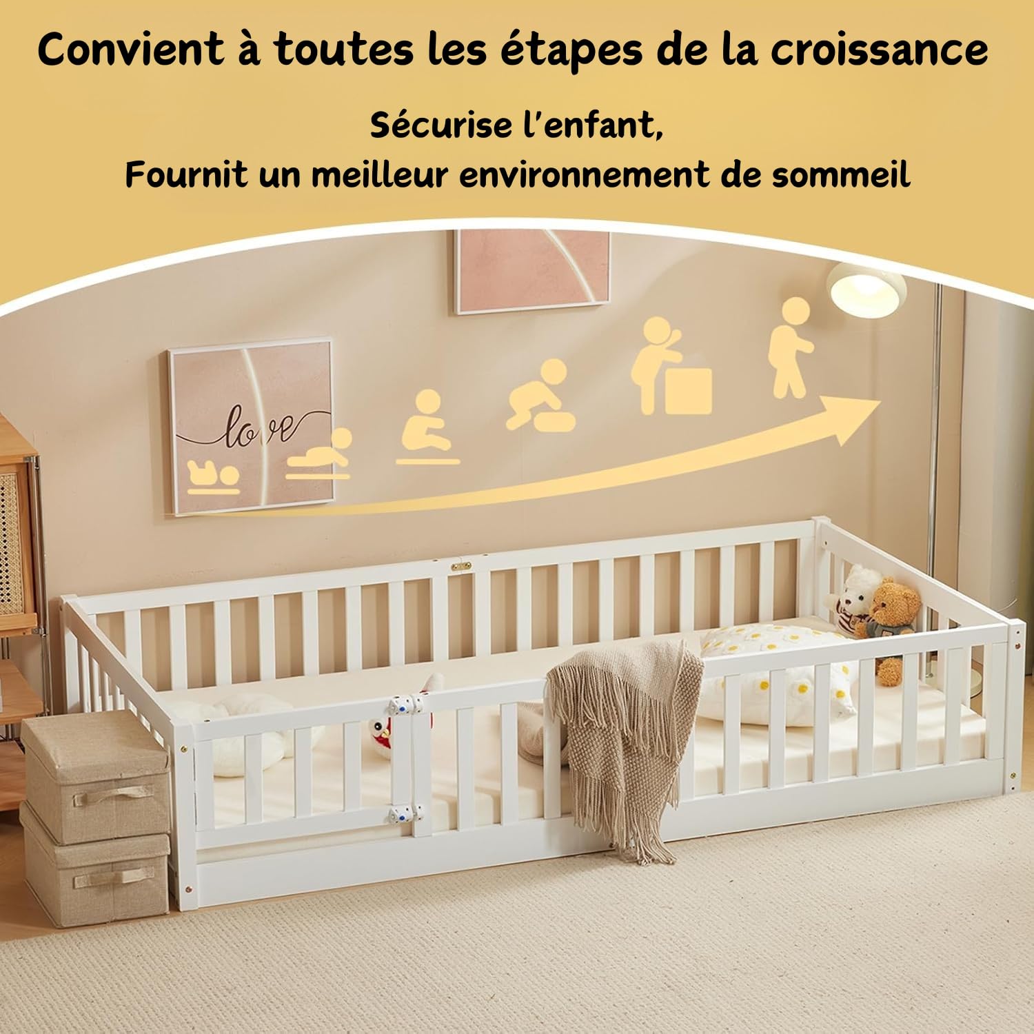 LALAHO Montessori Lit d'enfant Lit au Sol 90x190 cm - Bois Massif avec Porte et Barrière Sécurisée - 12 Lattes Renforcées, Garde-Corps Intégré - pour Enfants (Blanc)