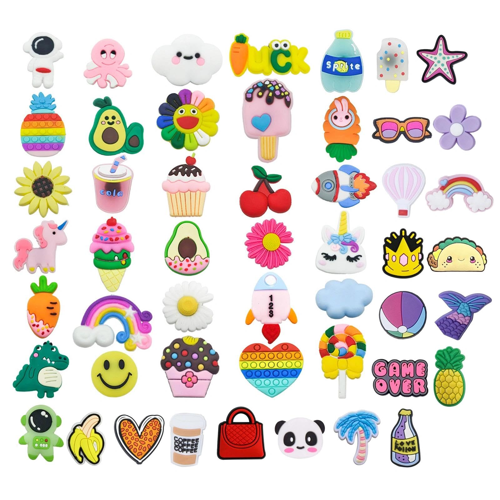 50 dijes por zuecos, 60 piezas de decoración por bufanda para Bambini Ragazze Ragazzi, accesorios Colorati con Unicorno Arcobaleno Dinosauro Fiore Razzo Gelato Aguacate