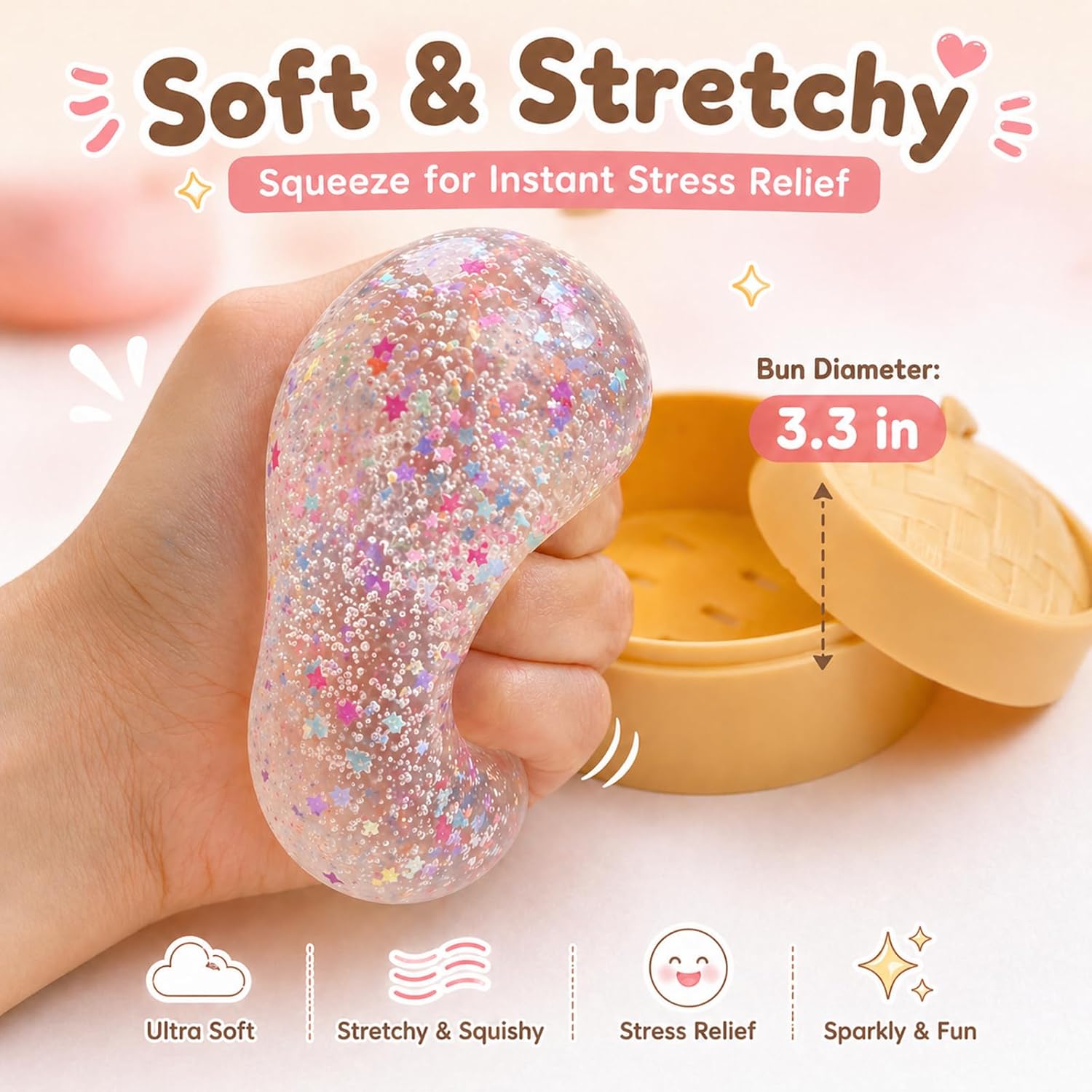 Clear Dumpling Squishies, Transparent Squishies Dumpling with Colorful Star Glitter, Fidget Sensory Toy with Food Steamer, Squeeze Dough Ball for Stress Relief, Stretchy Desk Toys Gift