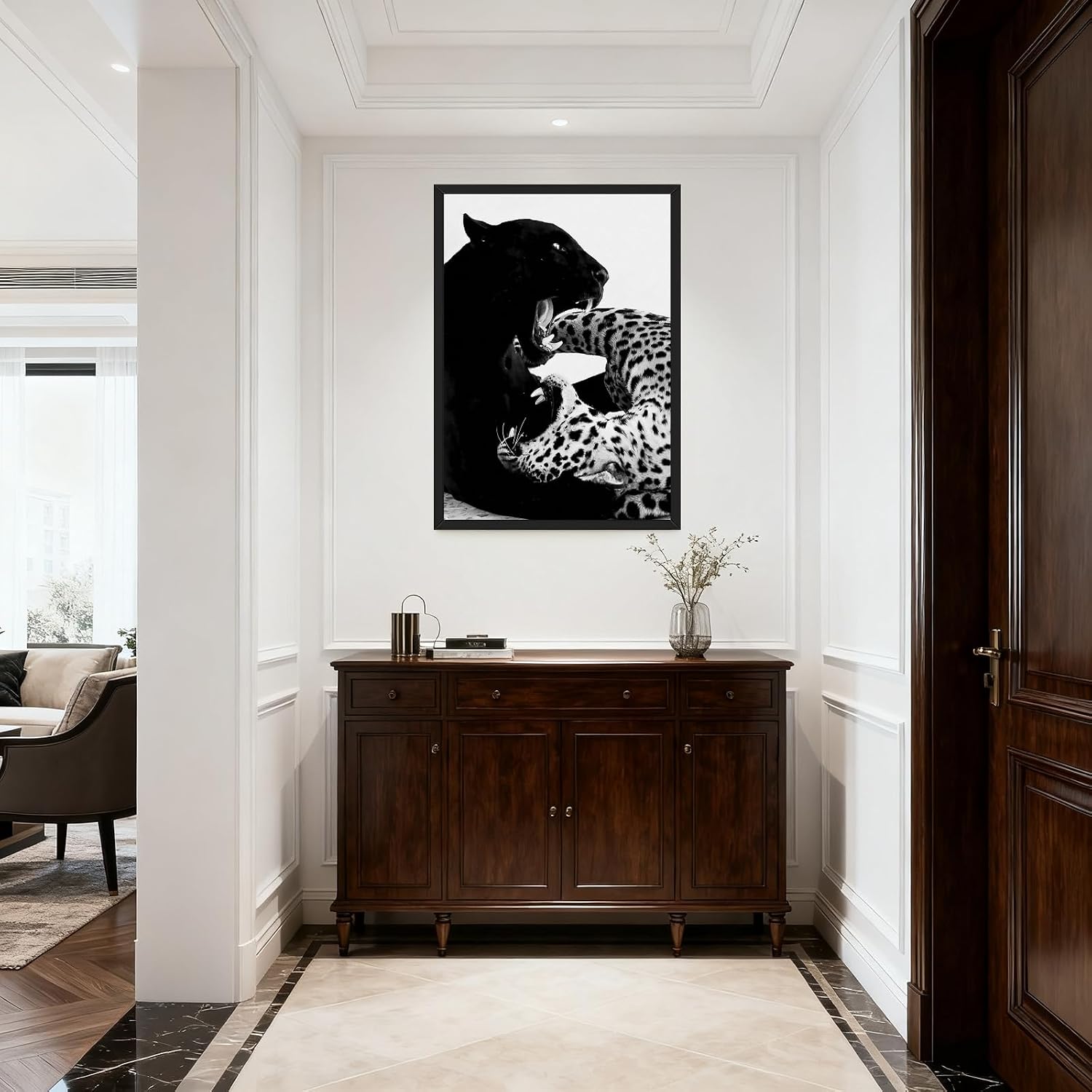 PMKXFGK Large Framed Wall Art Black and White Cheetah Poster Trendy Panther Canvas Print Vintage Leopard Painting Pictures Funky Wildlife Animal Aesthetic Decor for Living Room 24x36inch Black Frame