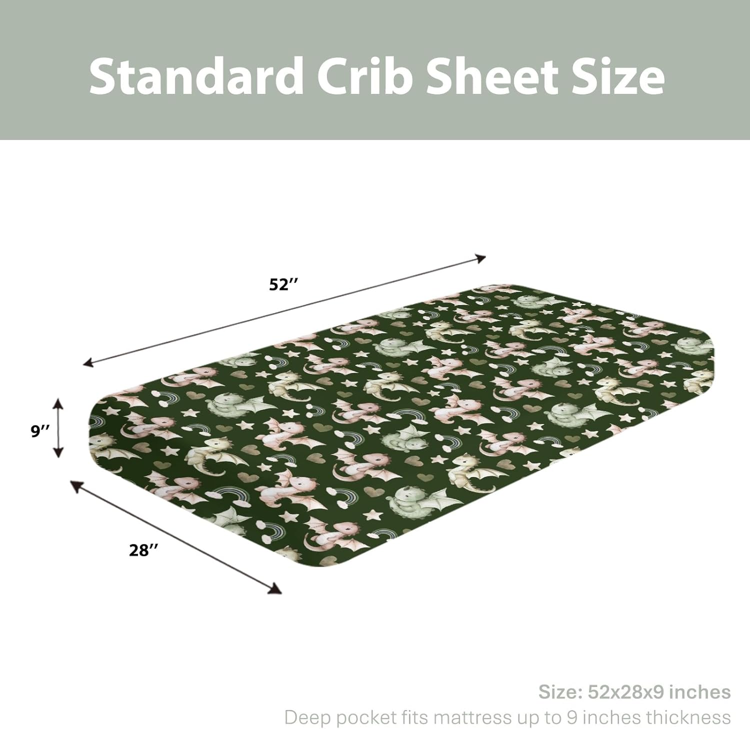 Fairytale Dragon Love Stars Baby Crib Sheets for Boy Girl 52"x28" Dragons Green Soft Snug Fitted Crib Mattress Cover Fantasy Animal Baby Sheet for Standard Crib & Toddler Bed Mattress