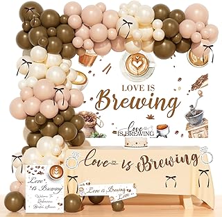 Love Is Brewing Bridal Shower Decorations – 83 PCs Tini Bit Older Party Supplies with Balloon Garland Arch, Cake Topper, Banner, Backdrop, Brown Ribbon Sash, Poster