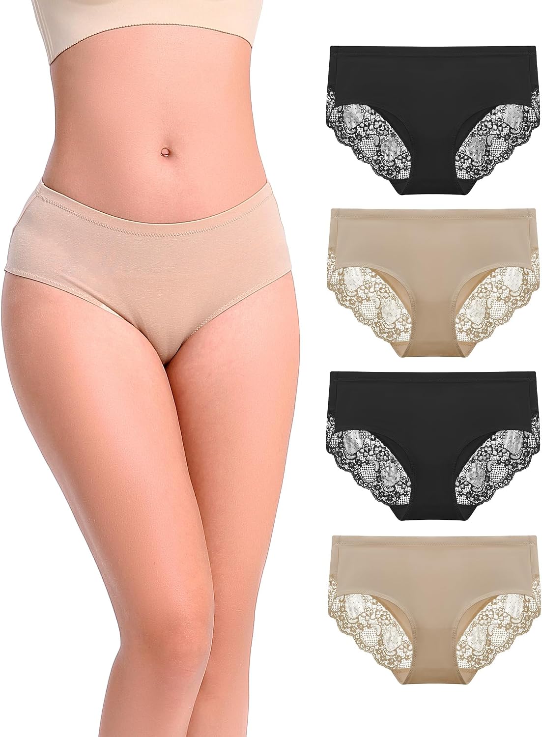 Women's Cotton Lace Panties Mid Rise Full Coverage Brief Undies Underwear 4 Pack