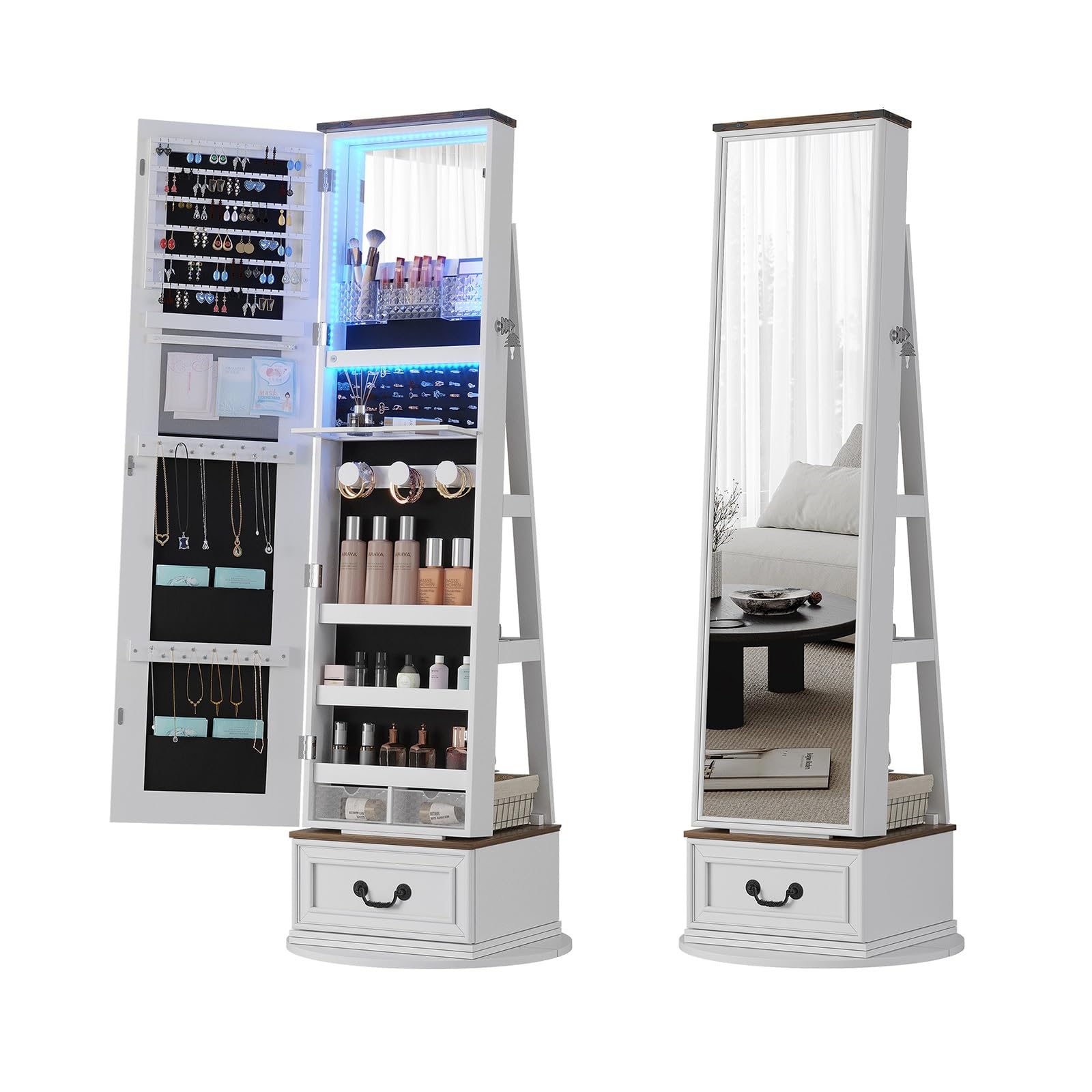 HXYhydrypd HXYhydrypd Espejo Joyero de Pie Giratorio de 360°, Espejo Maquillaje con Luz con Almacenamiento, Armario Joyero con Espejo(White)