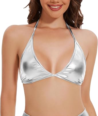 Vinaderhom Women's Metallic Bra Top Shiny Halter Rave Bralette Bikini Tops