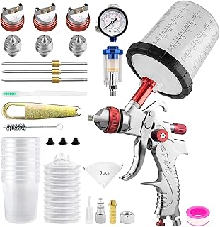 HVLP Lackierpistole Spritzpistole Kit mit 3 Düsen 1,4/1,7/2,0mm & 20 Unzen (650 ml) Einweg-Farbspritzpistolenbecher, Farbpistole Lackierpistole Druckluft, für Möbel, Wand, Zaun, Türen, DIY (Rot)