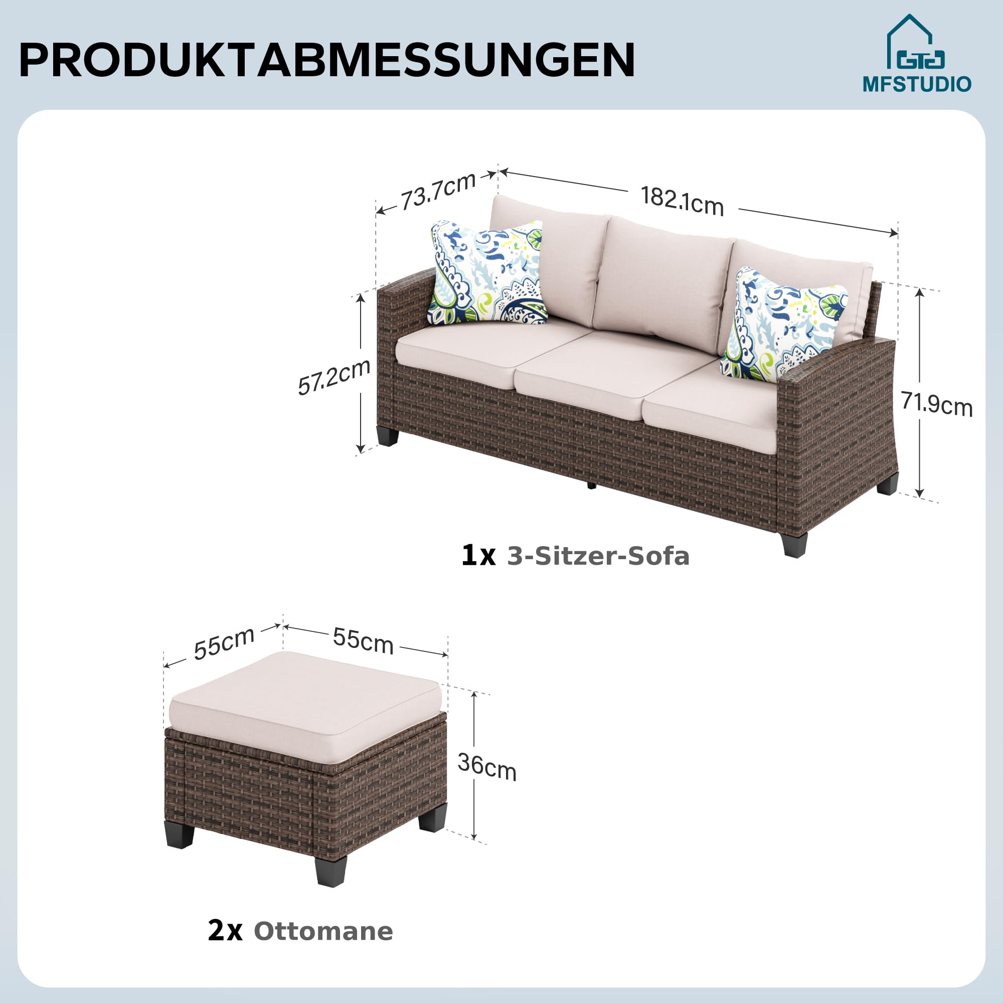 MFSTUDIO Gartenmöbel Set, Lounge Möbel Outdoor, PE-Rattan Wetterfest Terassenmöbel mit Sofa & Schemel & Sitzkissen, Frei Kombinierbar, Cushion PRO Fabric Wasserdicht, Leicht zu Reinigen