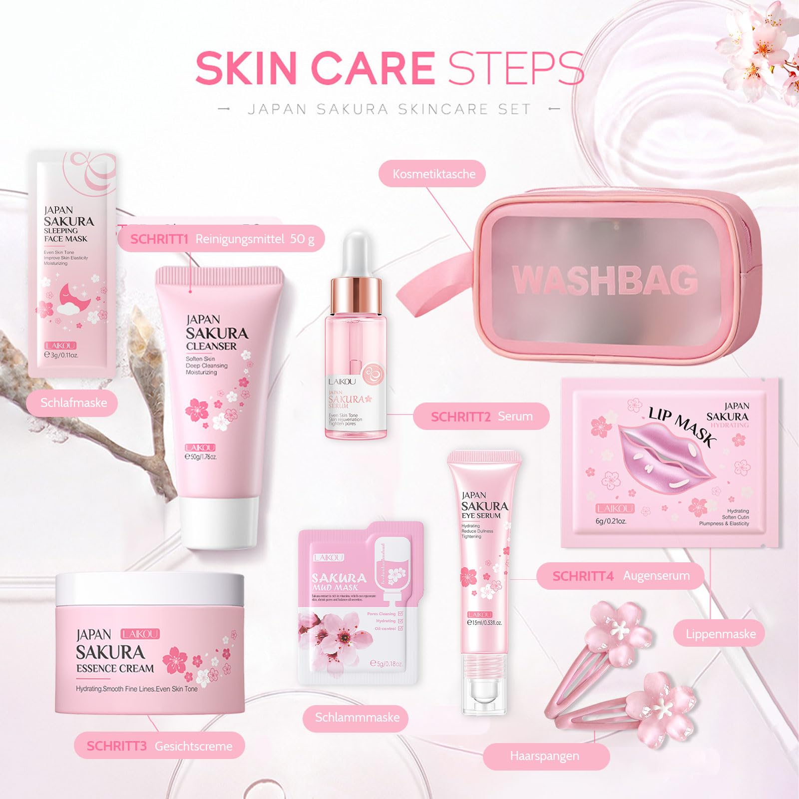 Shefave Sakura Beauty Geschenksets, Skincare Set mit Kosmetiktasche, Serum, Gesichtscreme, Reiniger, Lippenmaske， Haarnadel, Geschenk Teenager Mädchen, Gesichtspflege Set Damen, 9-tlg