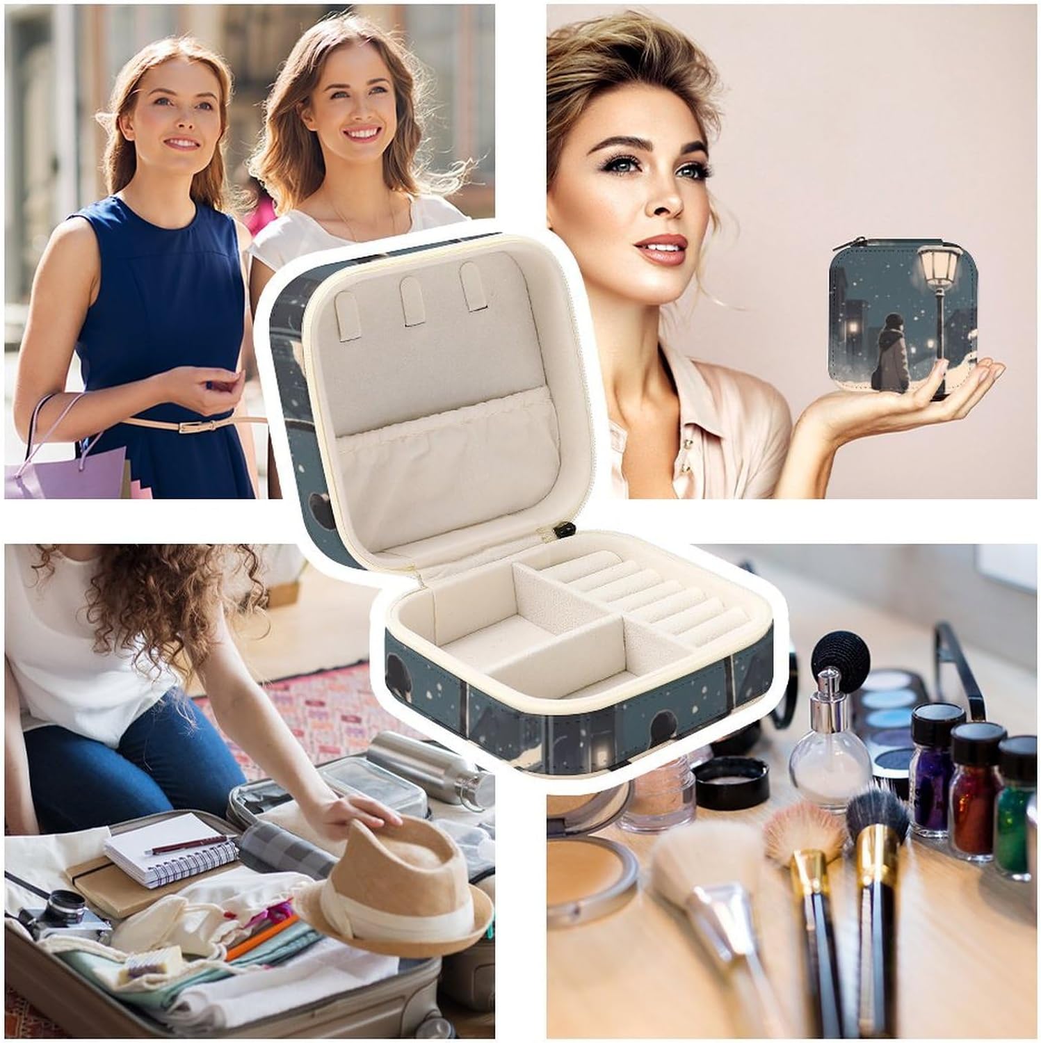 Jewelry Box for Women Portable PU Leather Jewelry Storage Holder Waterproof Travel Mini Jewelry Organizer Case for Ring Pendant Earring Necklace Bracelet Women Under Streetlight image 4