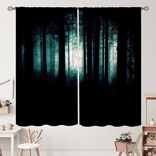 Cortinas oscuras de bosque aterrador, paisaje de terror de estilo gótico, cortinas opacas con bolsillo para cortinero de Halloween, para dormitorio,