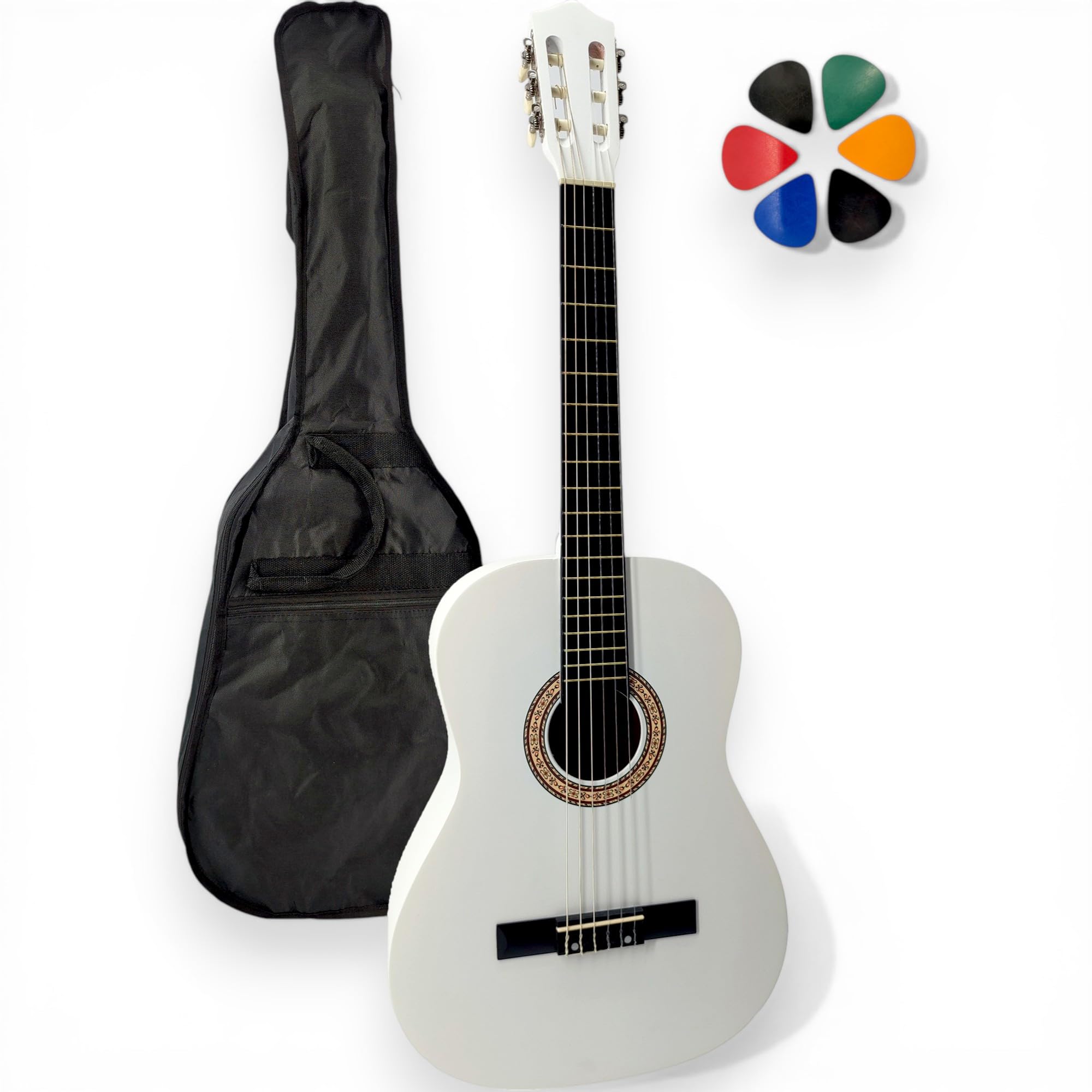Guitare Classique Adulte 4/4 Gaucher + Housse Sac à Dos + 6 Médiators + Cours Vidéo Offerts – Cordes Nylon, Livrée Accordée (Blanc, 4/4, Gaucher)