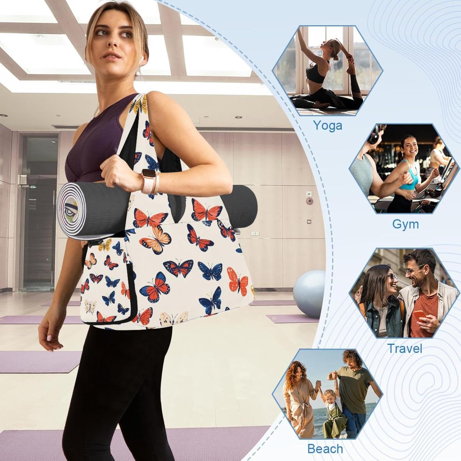 Yoga Mat Bag, Gym Workout Bag with Shoe Compartment, Butterflies Pilates Bag for Women, Quick Access Storage Yoga Tote Bag for Sports Travel Office