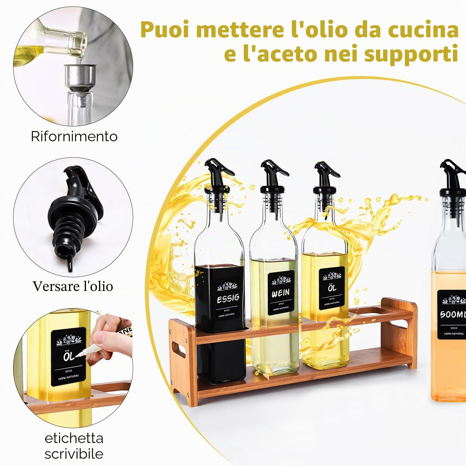 SAEIV Bottiglia per Olio 4x500ml con Portabottiglie Bambù Giallo Caldo, Dosatore Olio Vetro Borosilicato Alto, Oliera Salvagoccia Porta Olio Bottiglia Olio Bottiglie per Olio con Accessori Completi