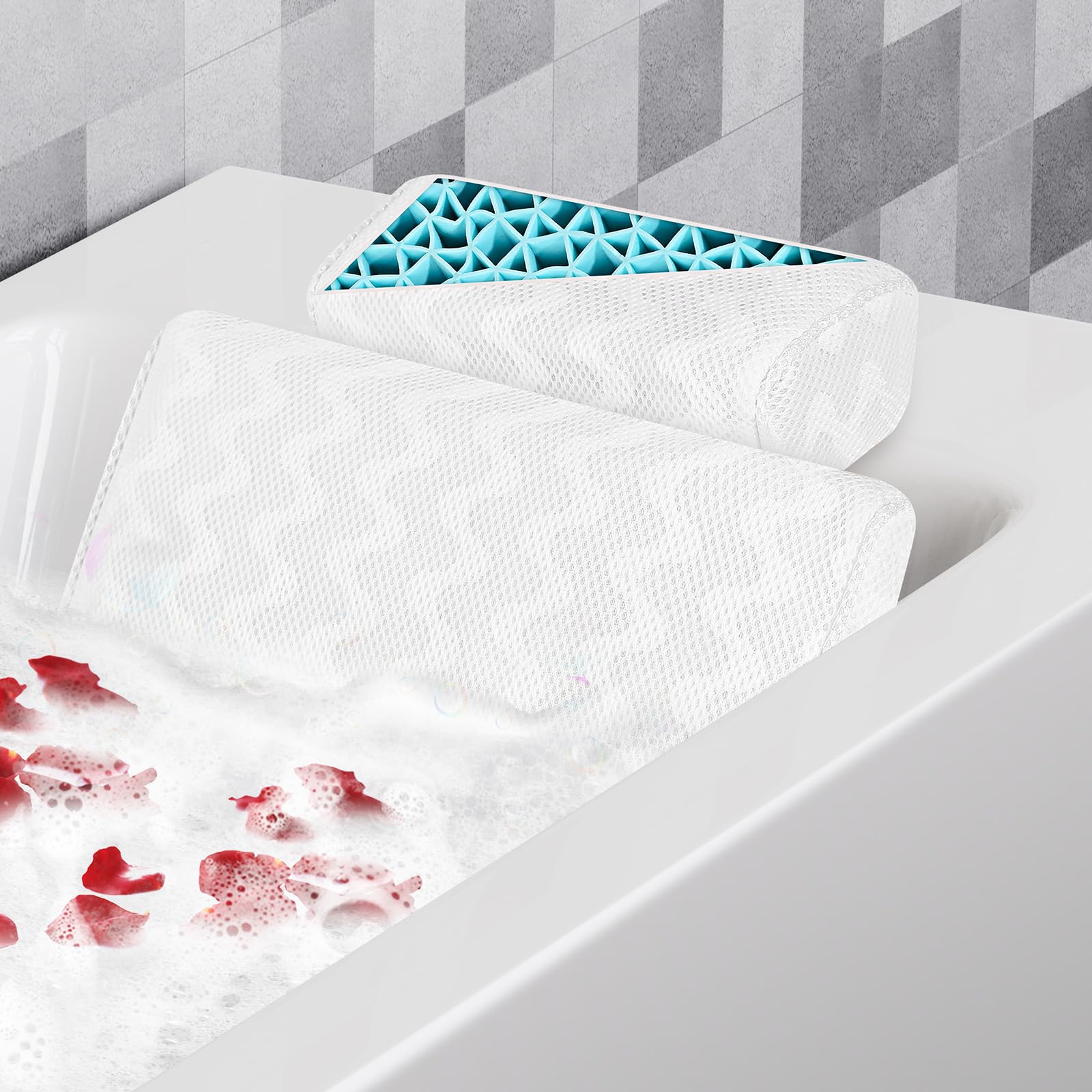 Bath Pillow Luxury Bathtub Pillow, Extra Soft Ergonomic TPE Bath Pillows for Tub Head Neck and Back Support, with 3D Air Mesh Cushions for Curved or Straight Tubs - Bath Accessories Spa Gifts