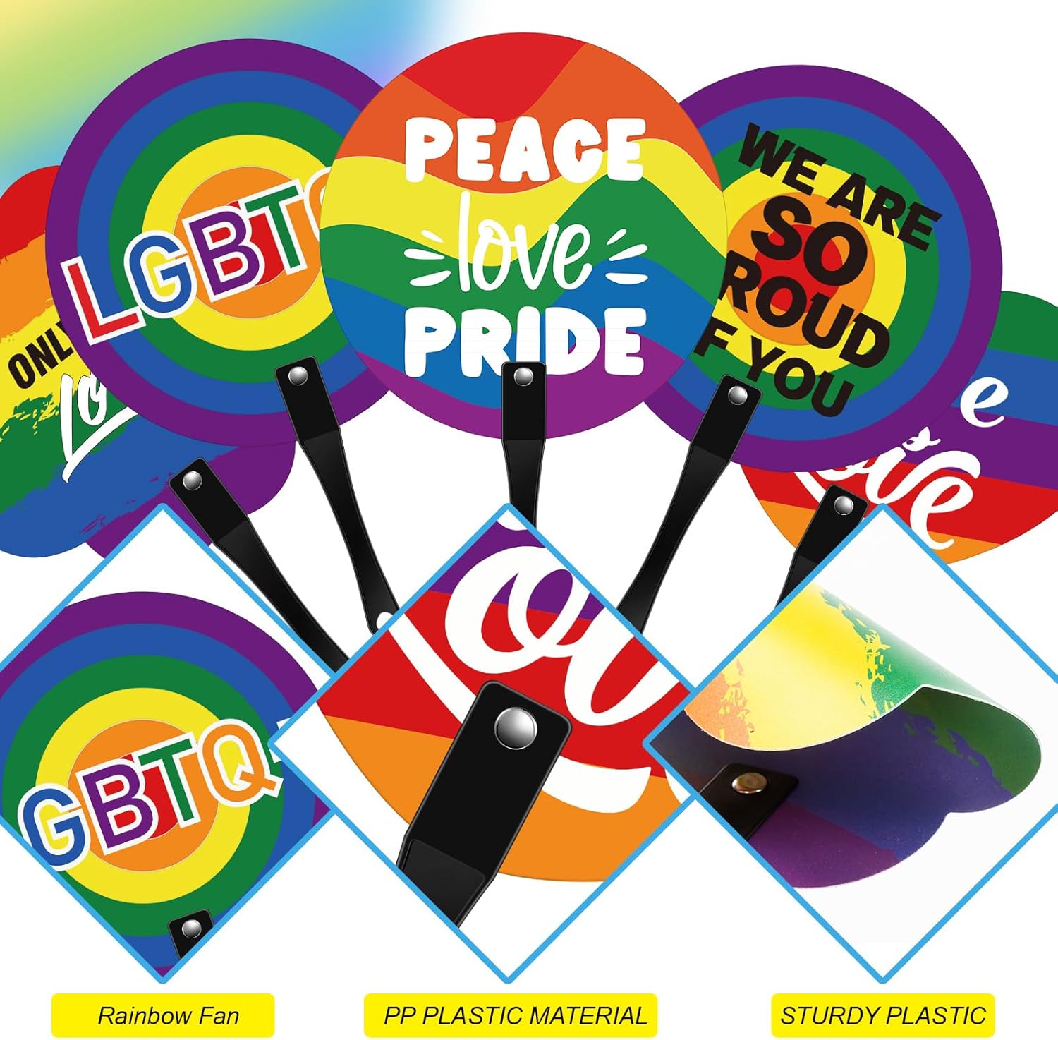 Feifeiya 100 Pcs Rainbow Hand Fans for LGBT Pride Month Gifts Bulk Plastic Handheld Gay Pride Favor Fans for Rainbow Parade Festival Events Photo Props Club Dance Party Supplies
