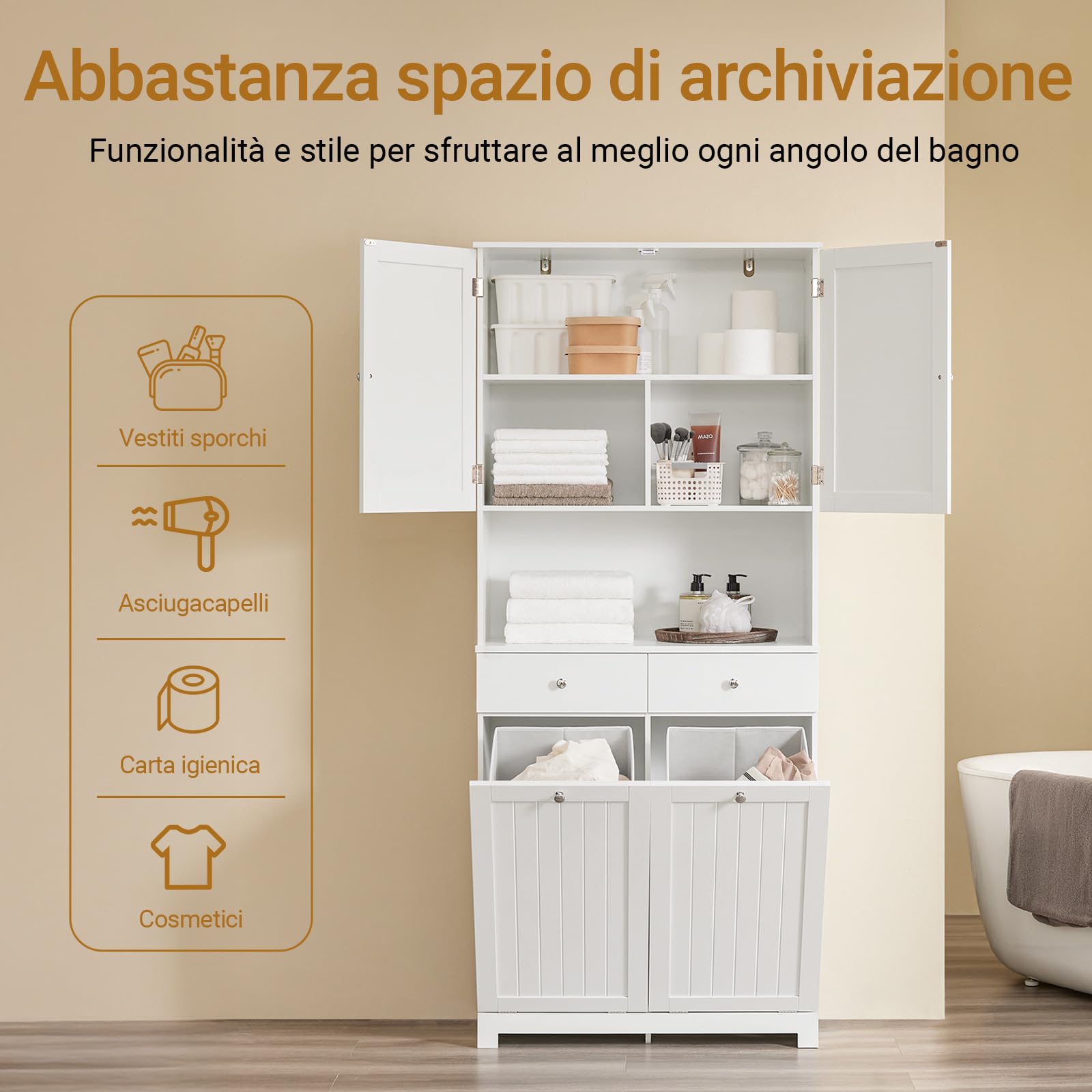 SoBuy Mobile Bagno Salvaspazio con 2 Cesti Portabiancheria e 2 Cassetti Colonna Bagno Stretta 78x38x181cm Armadietto con Ripiano Aperto e Vano per Famiglie e Piccoli Spazi BZR215-W