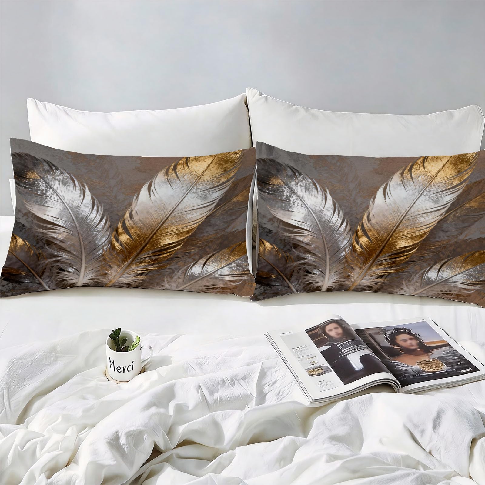 Copripiumino Matrimoniale 240x220 Piuma, Copripiumino Elegante 3D Microfibra Biancheria da Letto, Duvet Cover con 2 x Federe 50x80 cm