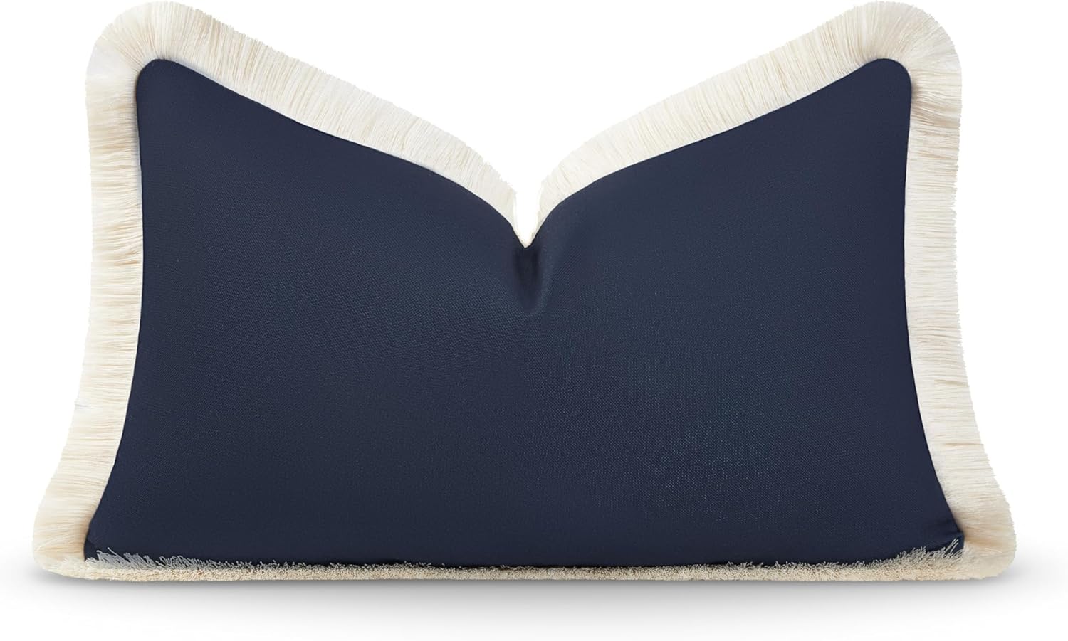 Hofdeco Premium Coastal Hampton Style Patio Outdoor Performance Lumbar Pillow Cover Only, 12"x20" Water Repellent, UV and Fade Resistant for Backyard, Couch, Dark Navy Blue Solid with Fringe