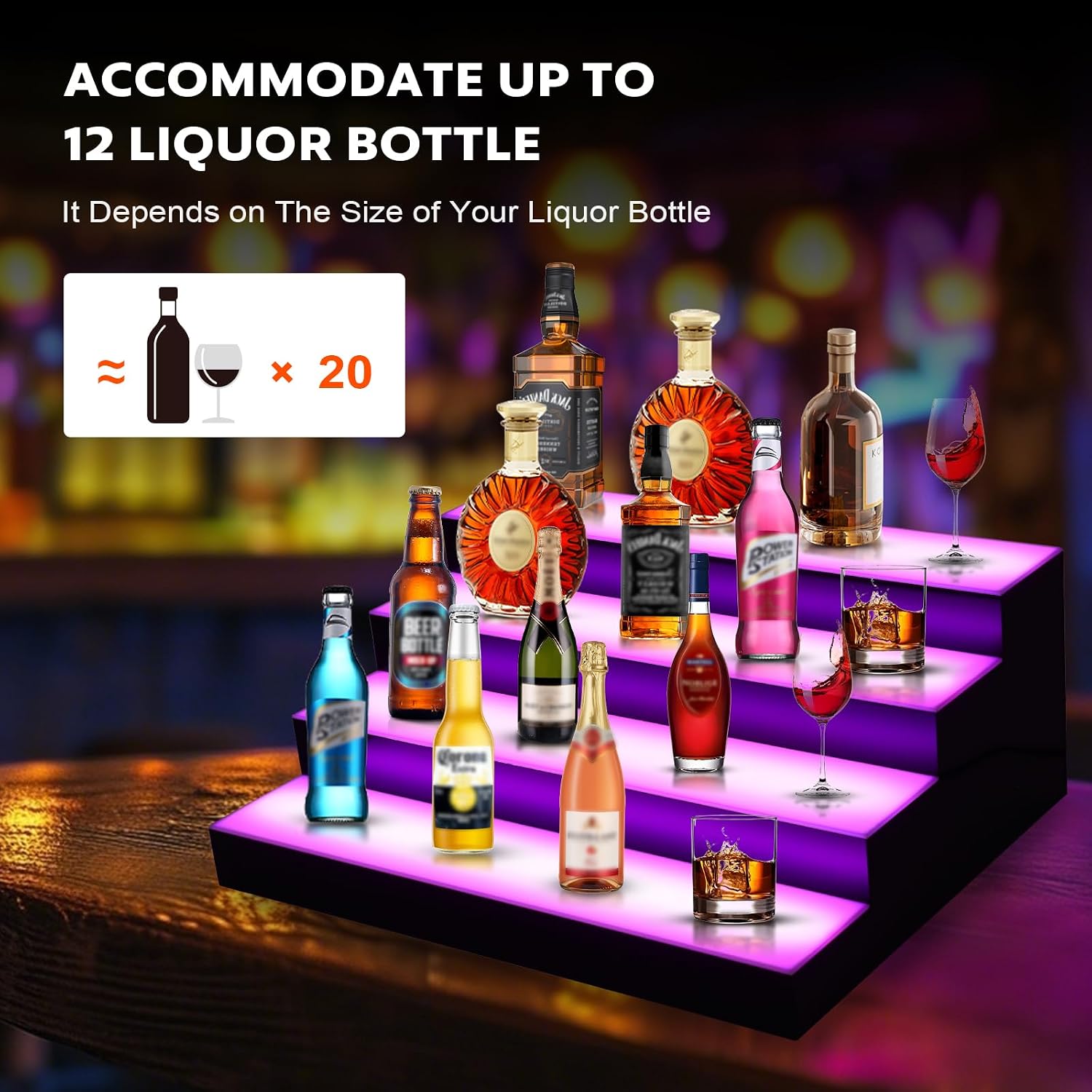 Dollate 4 Tiers 16 Inch LED Lighted Liquor Bottle Display, LED Tabletop Wine Shelves with RF Remote Control, Adjustable Lighting & Colors Liquor Storage Rack for Home Bar