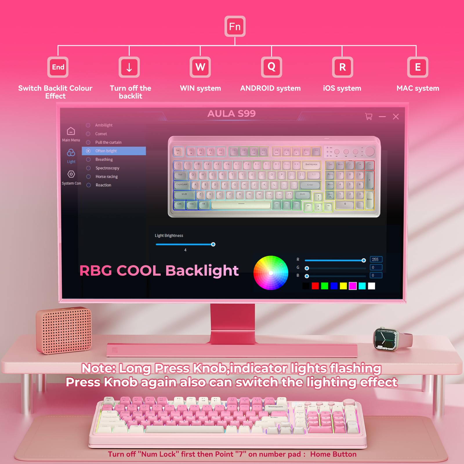 AULA 99 Key Keyboard, Wireless Gaming Keyboard Bluetooth Computer Keyboards Creamy Cute with Number Pad RGB Backlit Tri-Mode BT/2.4GHz/USB-C - Pink - 4