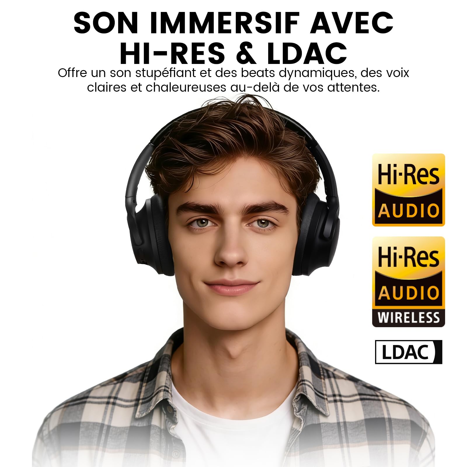 1Mii Y8+ Casque Bluetooth 6.0 sans Fil Anti Bruit, Réduction de Bruit Active Hybride, Son 100H d'Autonomie, LDAC Hi-Res Audio, Bass Boost, EQ Personnalisé Via App, Confortable Over-Ear Noir