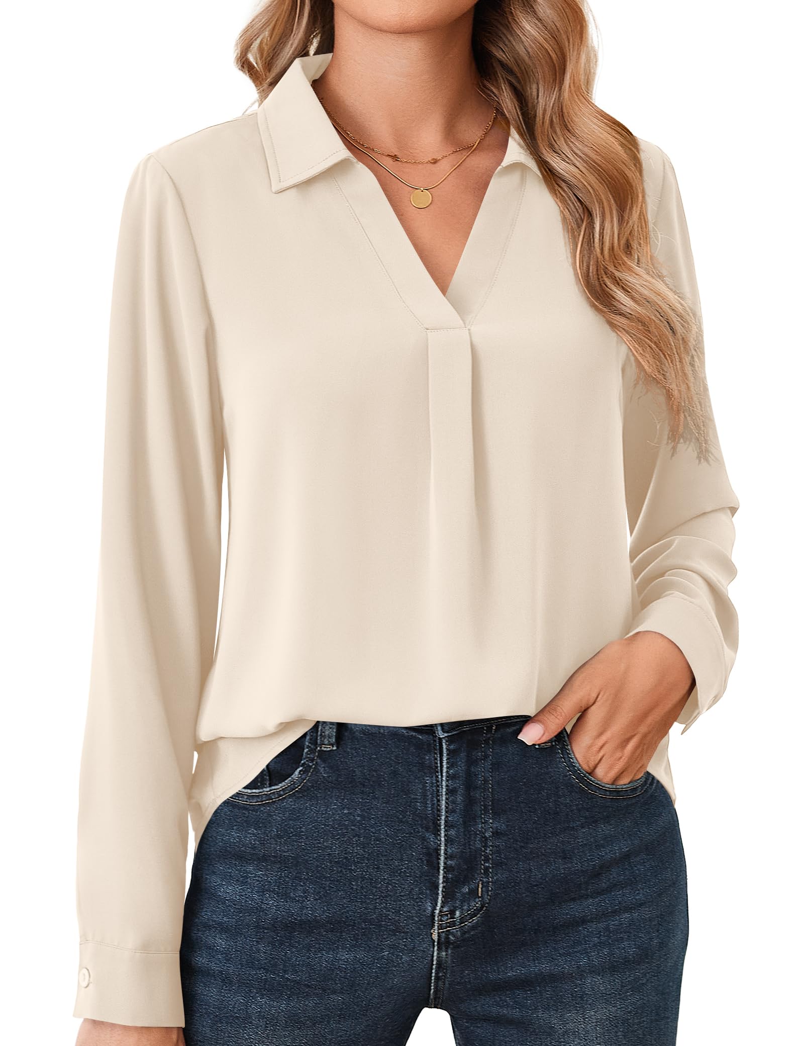 Beluring T-shirt à manches longues pour femme - Élégant - Col en V - Chemisier à manches longues - Couleur unie - Chemise de travail