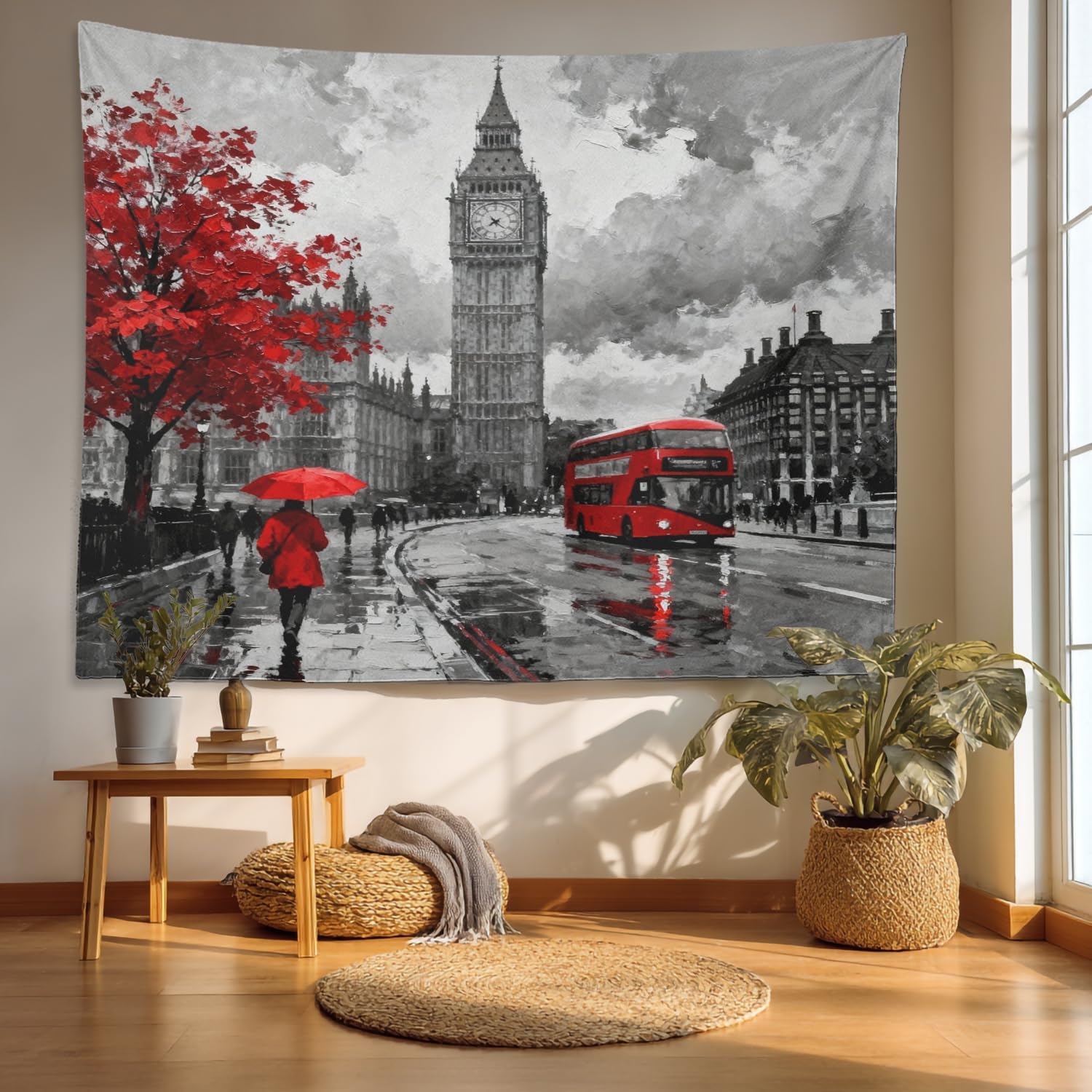 Batmerry London Red Tree Tapestry, Black and White England Landmark Picnic Mat Hippie Trippy Tapestry Wall Art Meditation Decor for Bedroom Living Room Dorm, 59.1 x 82.7 Inches, Red White Black