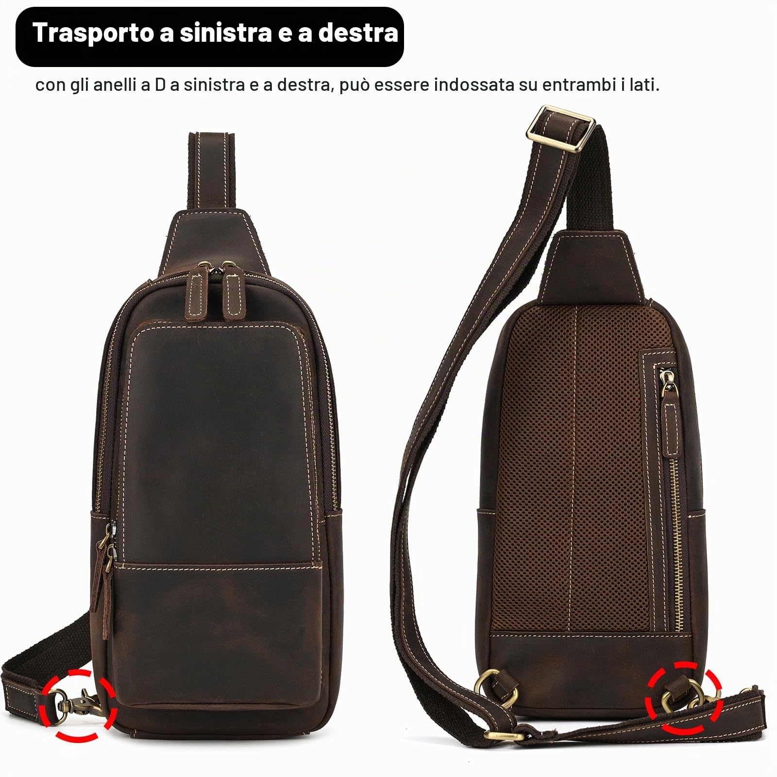 Borse Petto Borsa Crossbody Pelle Zaino Spalla Monospalla Pelle Marsupio Zainetto Piccolo Sling Bag Borsello a Tracolla per Uomo Viaggio Trekking Camminare