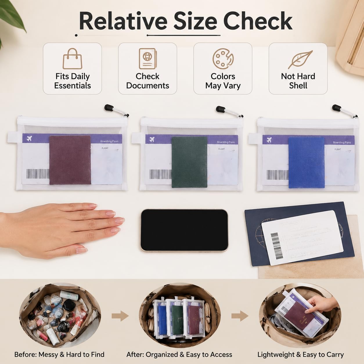 Document Organizer Bag Portable ID Boarding Pass Card Case Protector, 3 Pcs Zipper Mesh Passport Storage Pouch for International Travel image 5