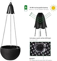 Vista 4 de Glitzhome Maceta colgante de plástico de 30 pulgadas de alto con luces solares, colgador de cesta negra con cadena para plantas