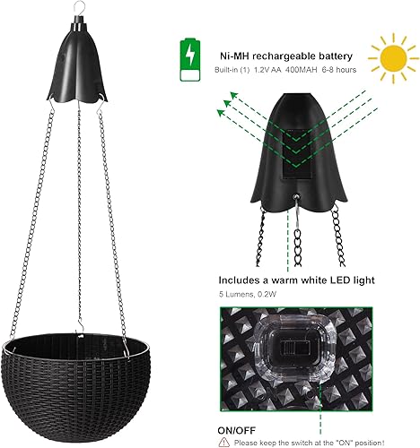 Miniatura 4 de Glitzhome Maceta colgante de plástico de 30 pulgadas de alto con luces solares, colgador de cesta negra con cadena para plantas