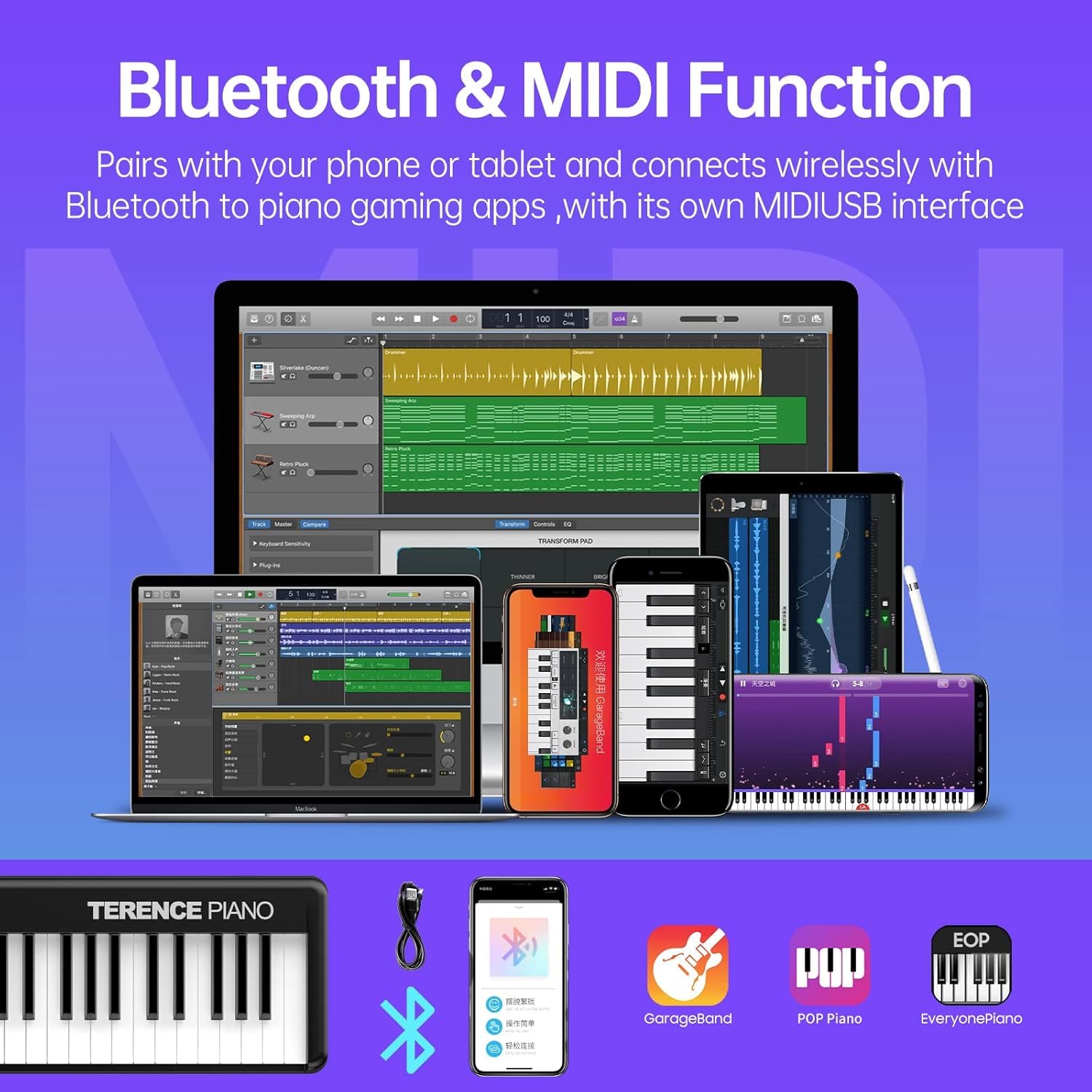 TERENCE Pieghevole Pianoforte Digitale con 88 Tasti semi-ponderati e Batteria da 1800mAh e interfaccia USB MIDI supporto spartiti Bluetooth Borse per Tastiera Cavo audio Cuffie Pedale Sustain nero