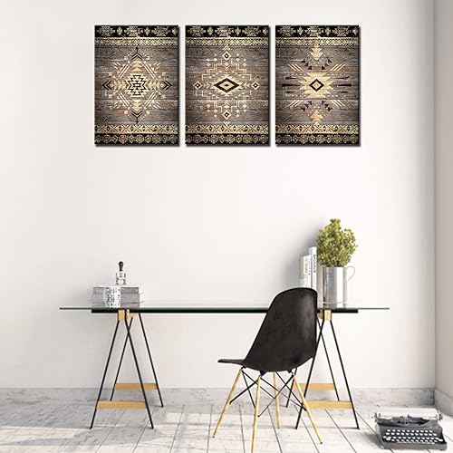 Miniatura 4 de Cuadros de pared para sala de estar, pinturas indias tribales mexicanas aztecas, 3 paneles, lienzo de madera, arte de pared retro de cultura