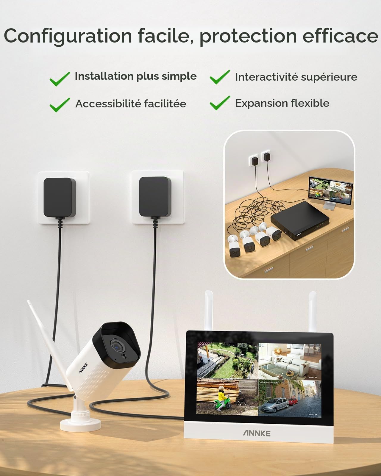 ANNKE Kit Surveillance sans Fil 3MP avec Écran LCD 7", 4CH 5MP WiFi NVR avec écran Tactile IPS et 2 Caméras IP Extérieures 3MP, Vision Nocturne 100ft,Audio Bidirectionnel, IP66,Blanc (Blanc)