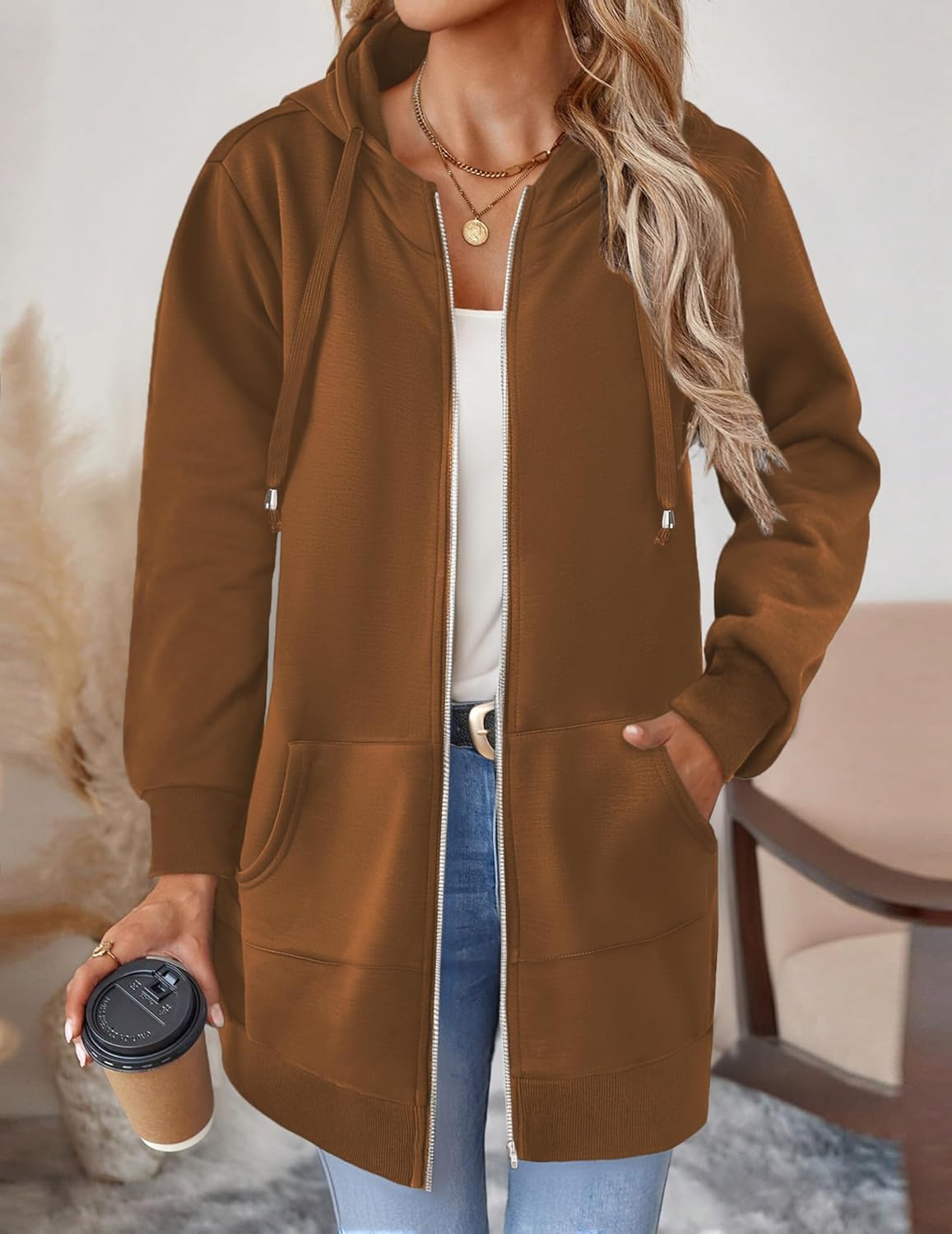 Zeagoo Women's Zip Up Hoodies Long Tunic Sweatshirts Oversized Fleece Casual Long Sleeve 2026 Fall Hoodie Jacket Coat - Image 3