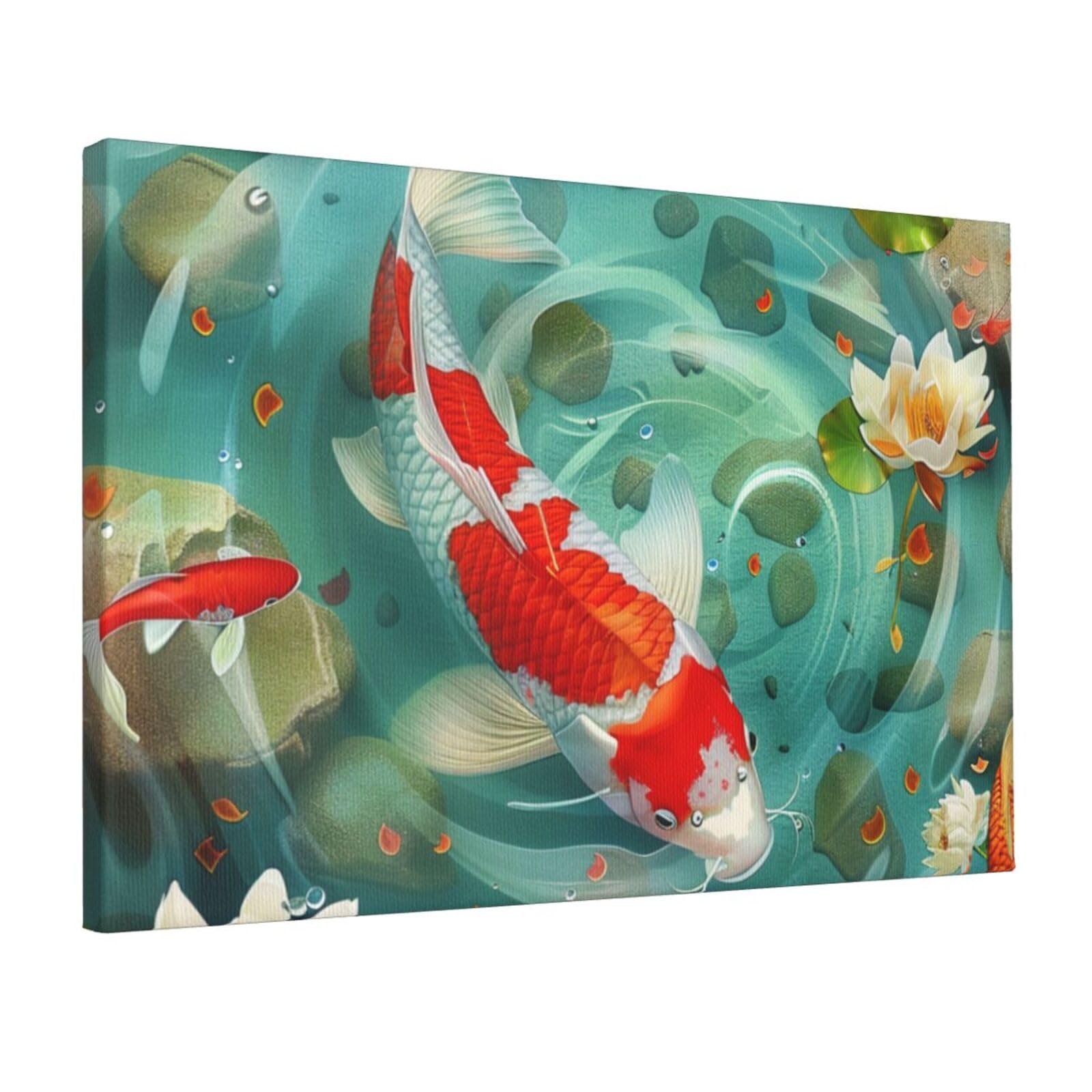 YKLJG Japanese Pretty Koi Fish Printed Wall Art Canvas Prints 45x30 CM Wooden Framed Picture Painting Artwork for Bedroom Kitchen Home Office Decor