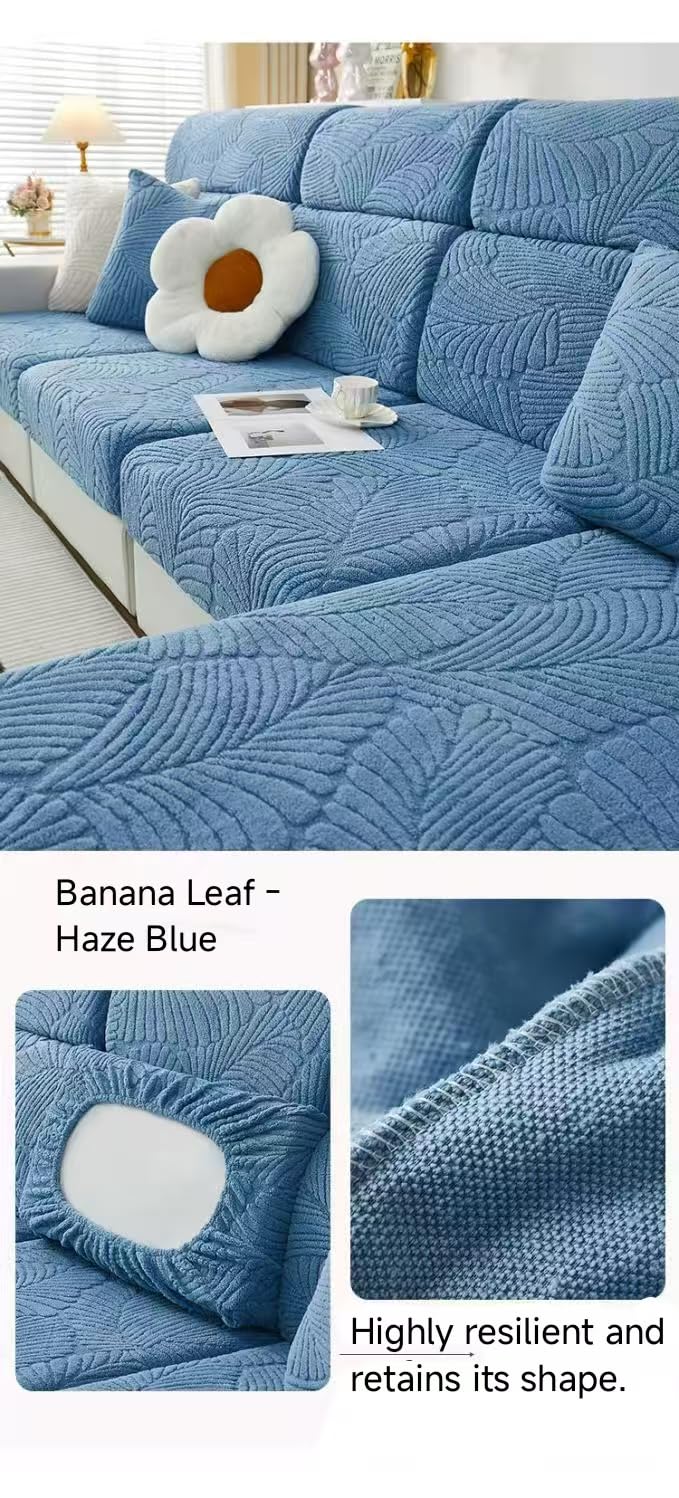 Fodera per cuscino per divano elasticizzata a 360°, motivo con foglie e tessuto elasticizzato, lavabile in lavatrice, protezione per divano (blu, 3 coprisedili singoli + 1 fodera per poltrona