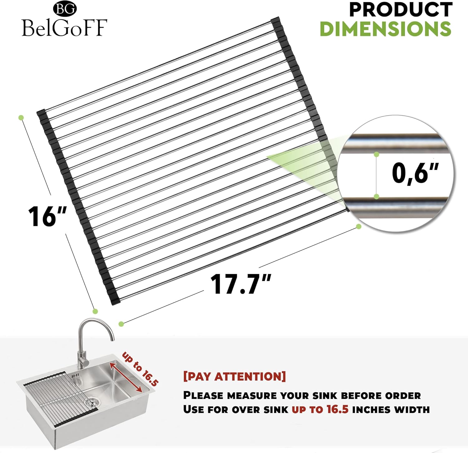 roll up dish drying rack 17.7" x 16" - over the sink for kitchen counter, foldable sus304 stainless steel dish drying rack for cups, utensils, fruits, vegetables black 17.7" x 16"