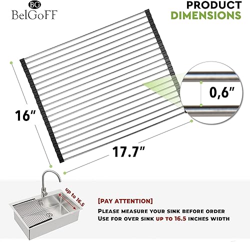 Miniatura 2 de Belgoff - Estante de secado de platos enrollable 21 pulgadas de largo x 16 de ancho plegable multiuso resistente al calor grande de acero inoxidable