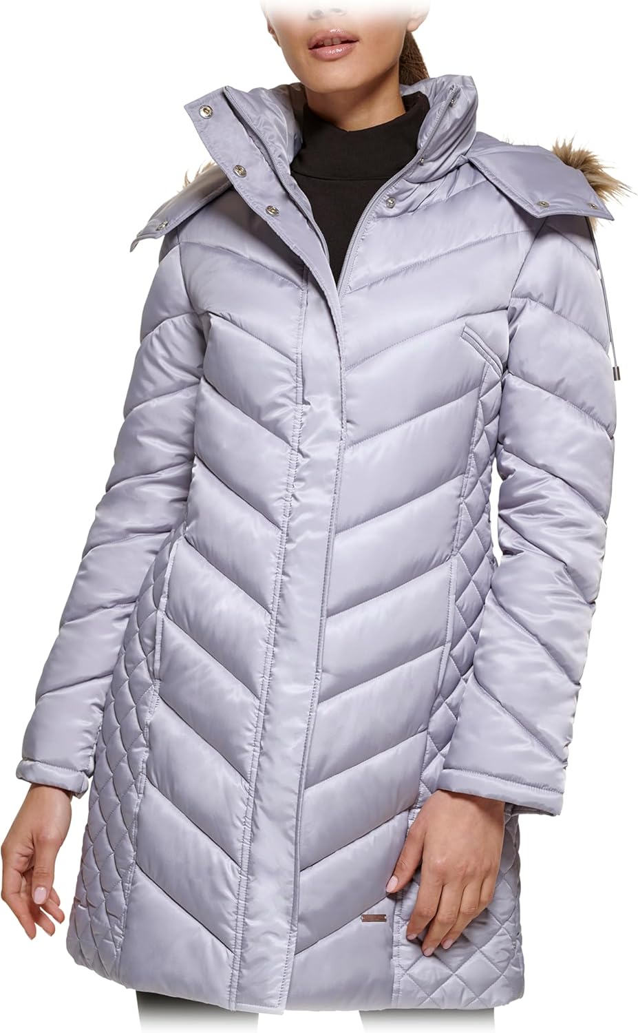 Kenneth Cole Women's 17QMP124 Quilted Chevron Puffer Jacket - Light Grey - M