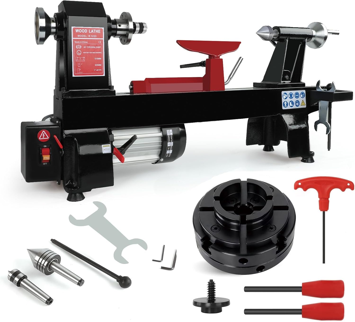 Wood Lathe Machine with Chuck and Big Round Jaw, 12 x 20 inch, 550W 3/4HP, 5 Speed Settings 680-2770 RPM Benchtop Lathe with Thickened Tool Rest,Stainless Steel Live Centers/Steel Faceplate