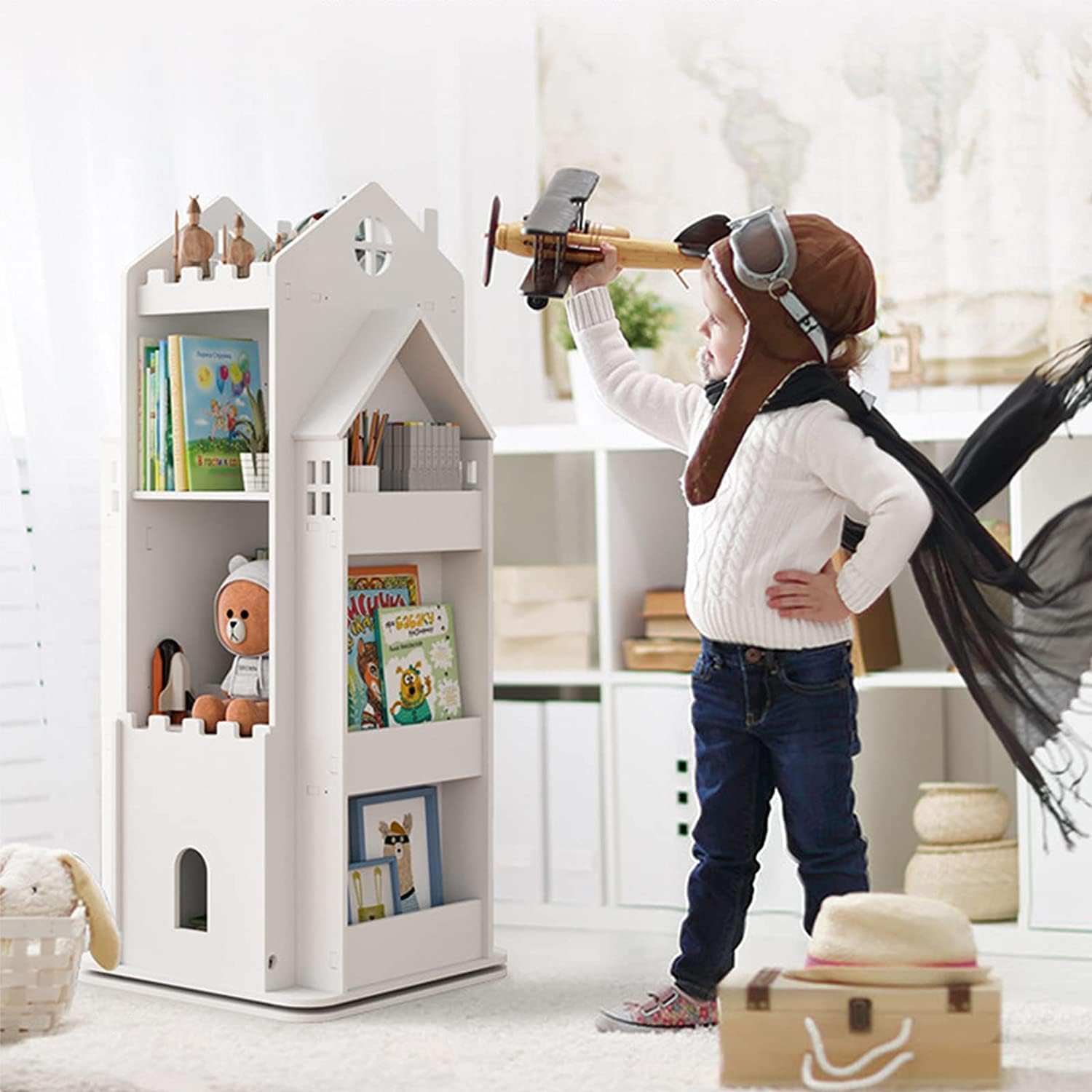 Creative Castle 360° obrotowy regał na książki dla dzieci – stojący stojak na książki do dekoracji pokoju dziecięcego, zabawne i funkcjonalne meble dziecięce, konstrukcja oszczędzająca miejsce