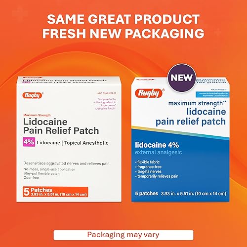 Miniatura 3 de Rugby - Parche para aliviar el dolor de lidocaína de máxima resistencia, 4 % - Parches anestésicos tópicos, flexibles, sin olor, de un solo uso, 5
