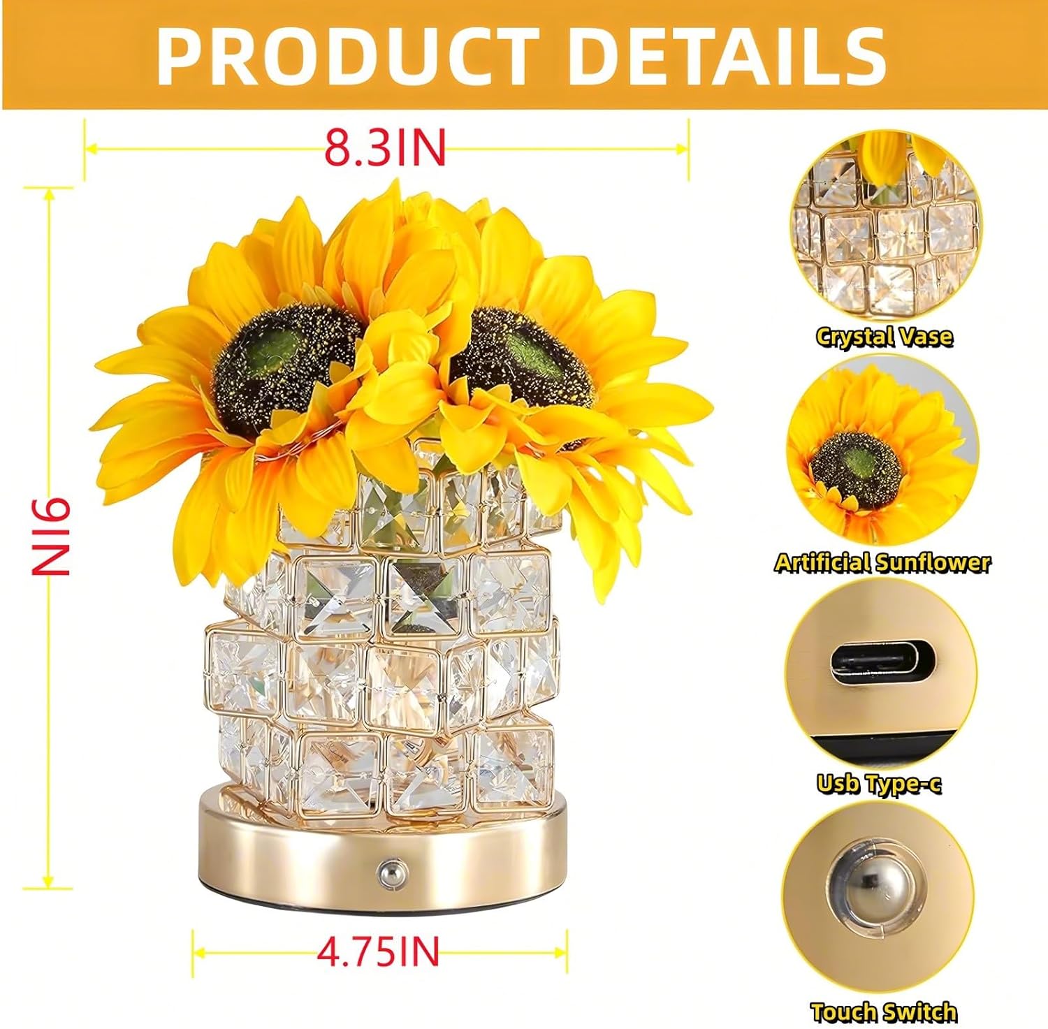 Sunflowers Flower Lamp,Rechargeable Cordless Touch Table Lamp for Bedroom,3-Colour Dimming Small Night Light,Crystal Bedside Lamps with USB Charge,Birthday Valentines Day Gifts for Women,Mom,Wife