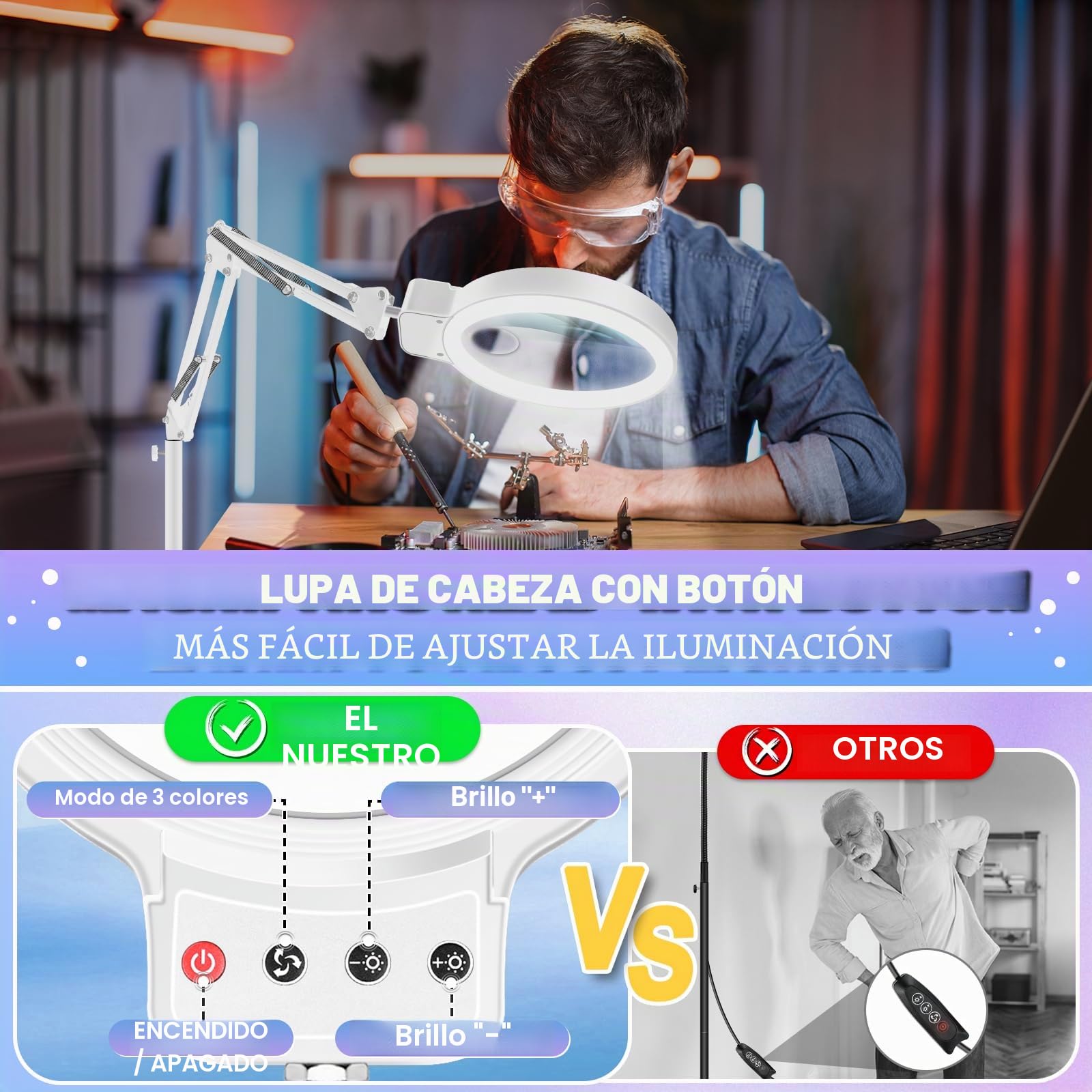 NZQXJXZ Lámpara de pie con Lupa con Luz, 2 en 1 Lupa con Luz y Soporte con 72 LED de Brillo Ajustable, Lámpara de Aumento de Cuello de Cisne Flexible para Trabajos de Cerca,Lectura, Blanco